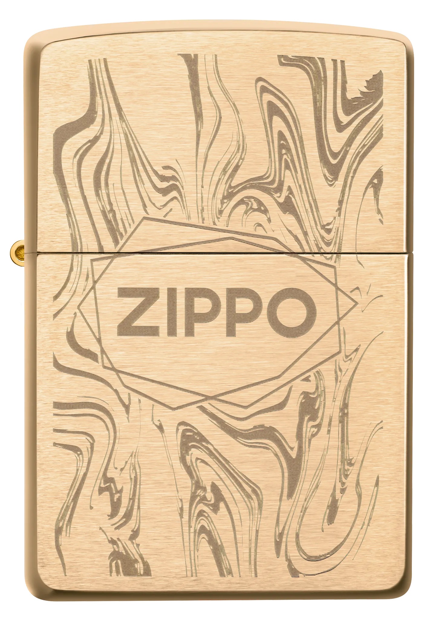Front shot of Zippo Bejeweled Beetle Design High Polish Brass Windproof Lighter standing at a 3/4 angle.