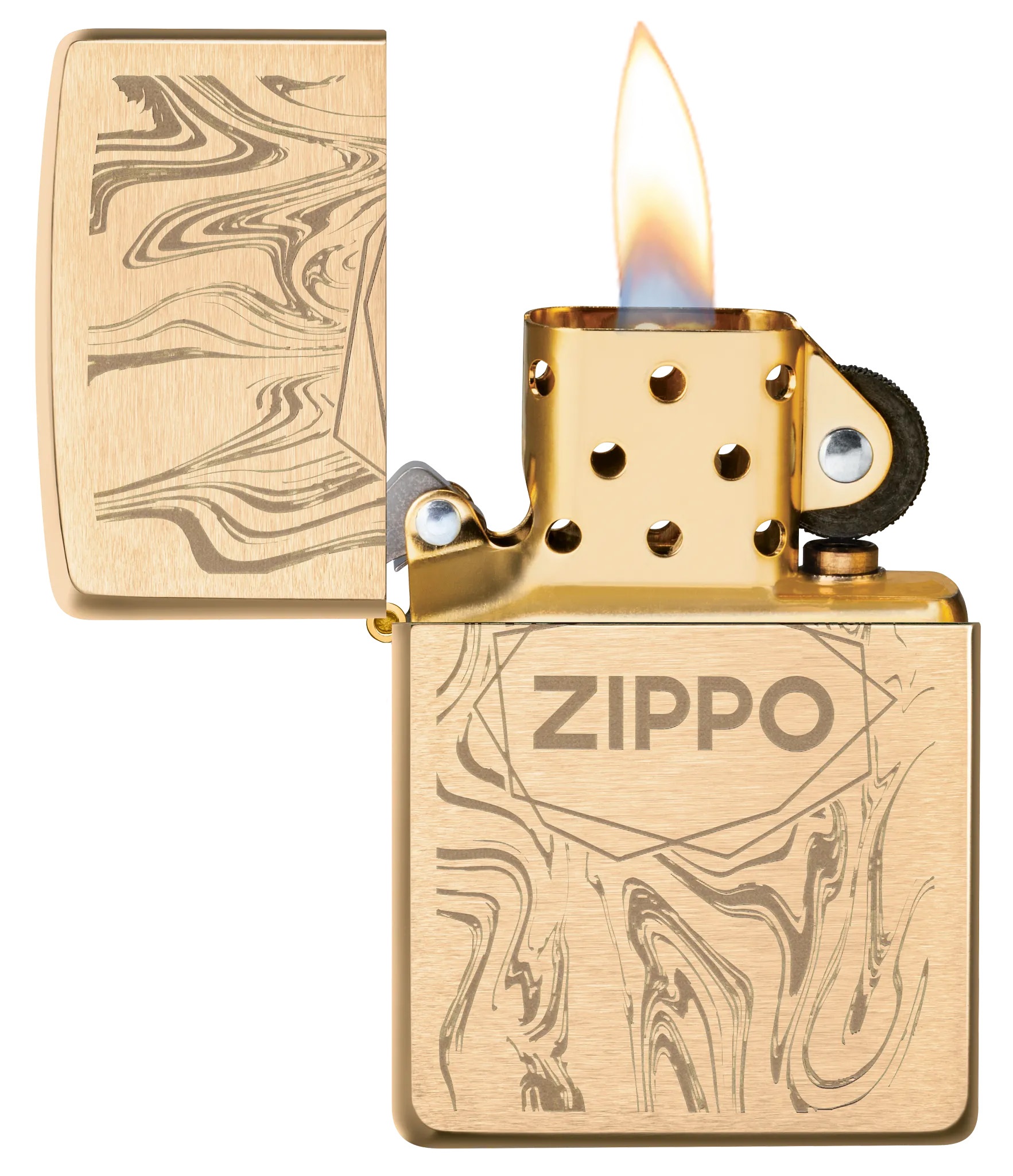 Front shot of Zippo Bejeweled Beetle Design High Polish Brass Windproof Lighter standing at a 3/4 angle.