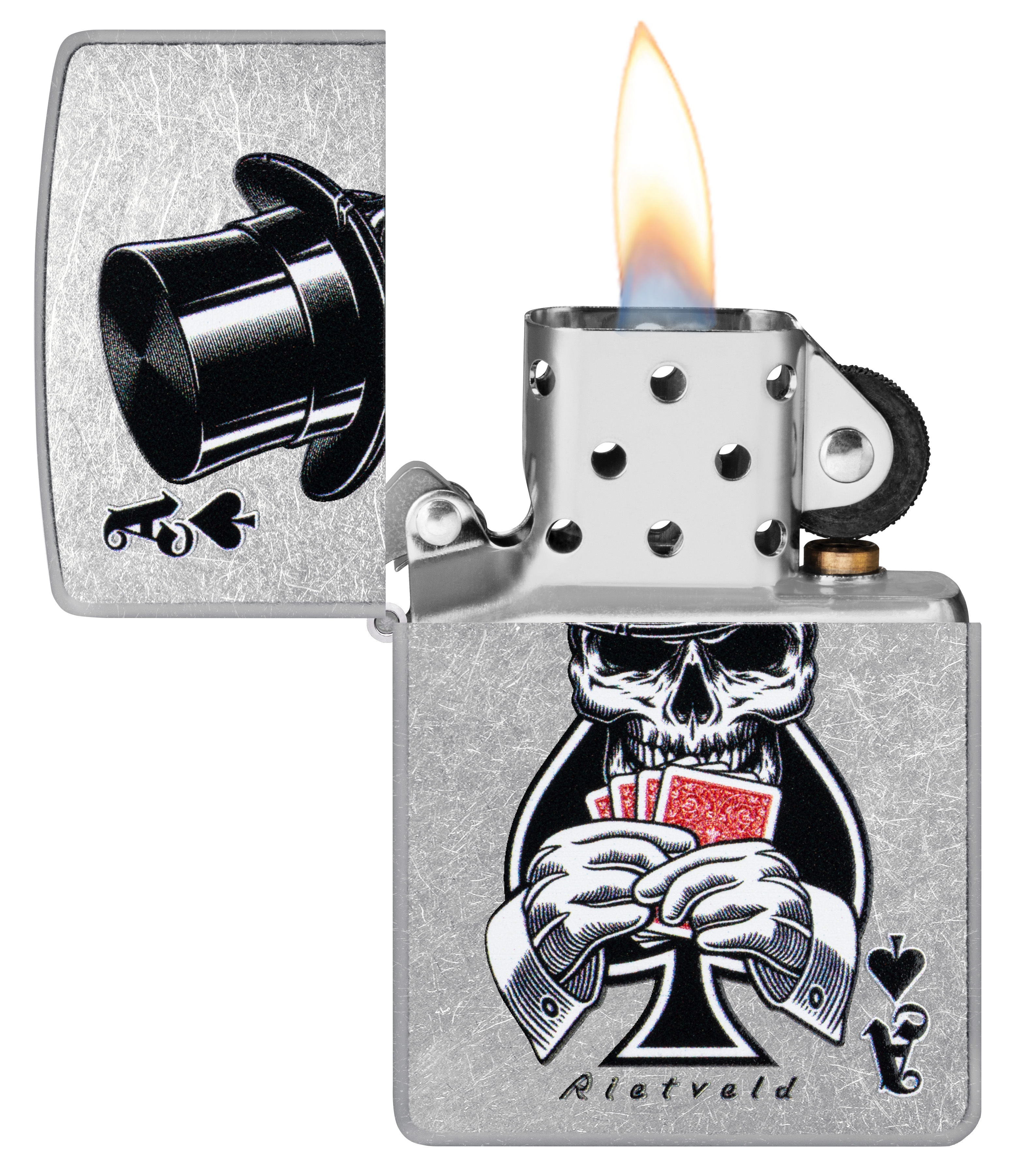 Front shot of Zippo Bejeweled Beetle Design High Polish Brass Windproof Lighter standing at a 3/4 angle.