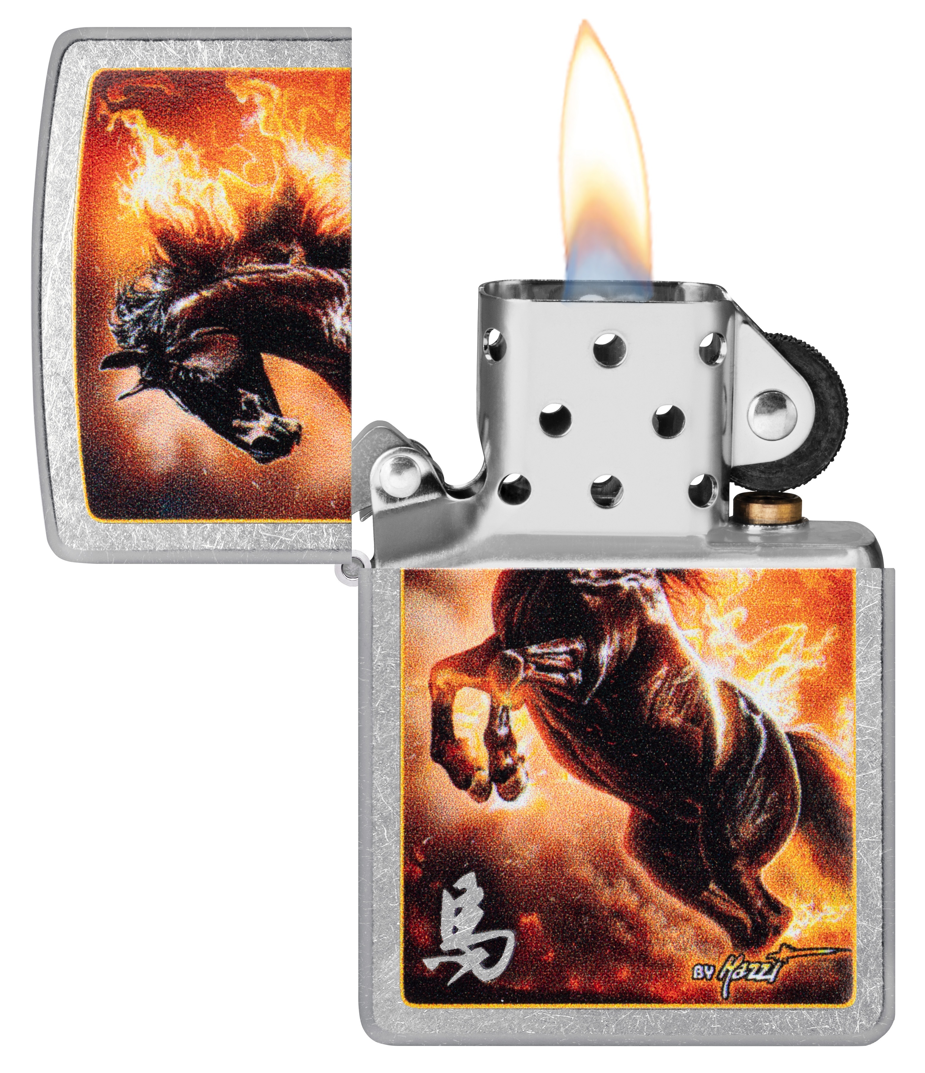 Front shot of Zippo Bejeweled Beetle Design High Polish Brass Windproof Lighter standing at a 3/4 angle.