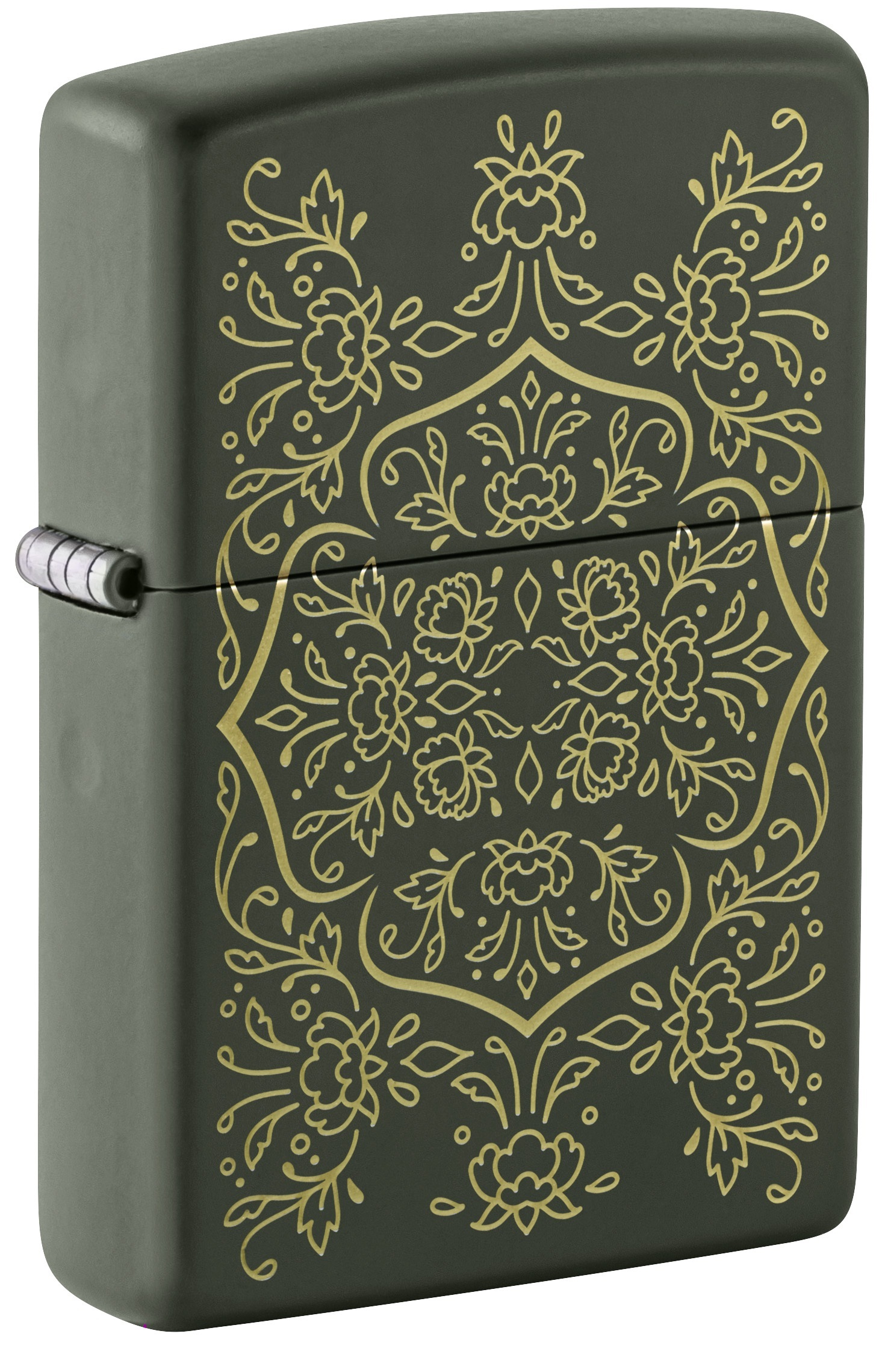 Front shot of Zippo Bejeweled Beetle Design High Polish Brass Windproof Lighter standing at a 3/4 angle.