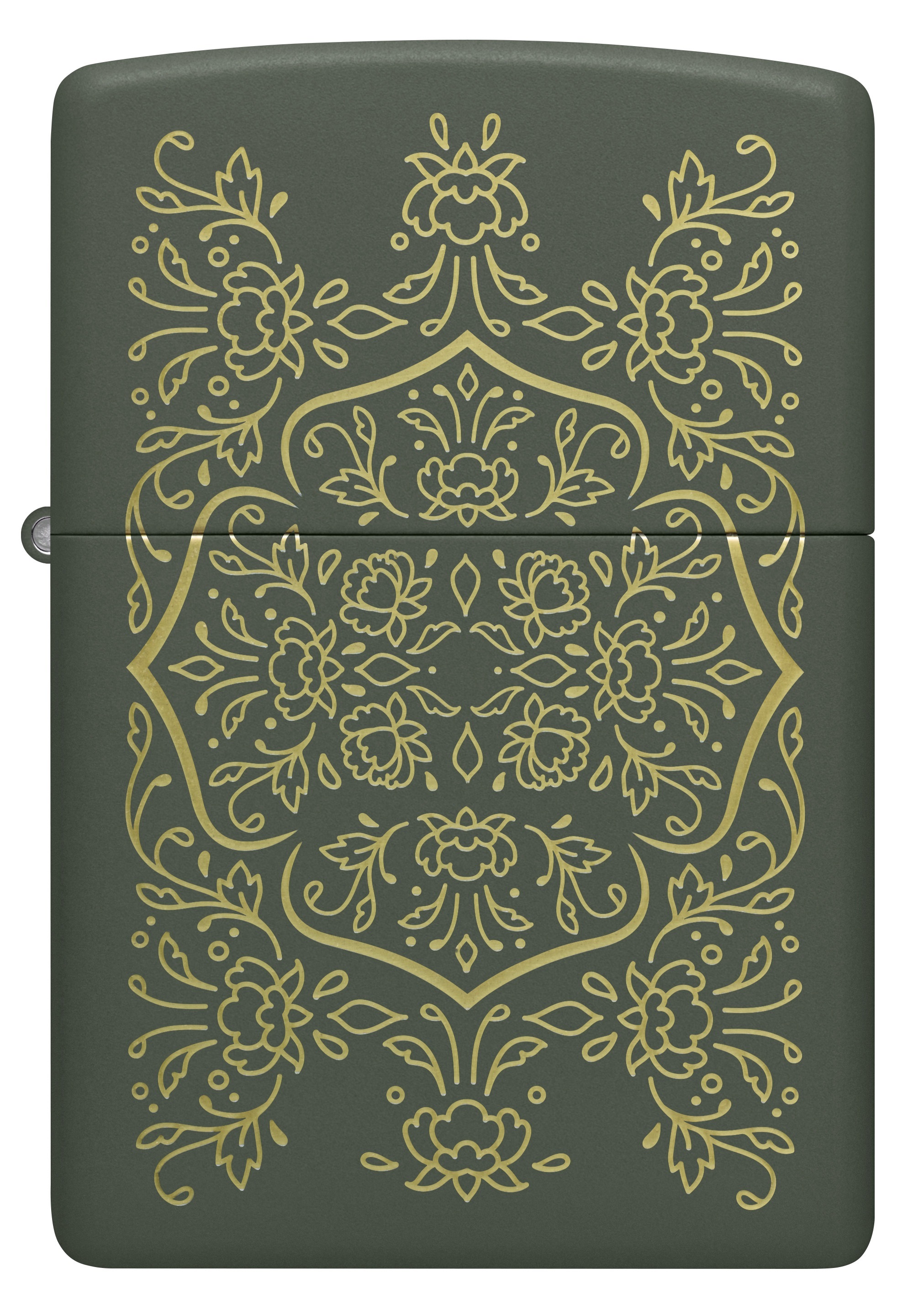 Front shot of Zippo Bejeweled Beetle Design High Polish Brass Windproof Lighter standing at a 3/4 angle.