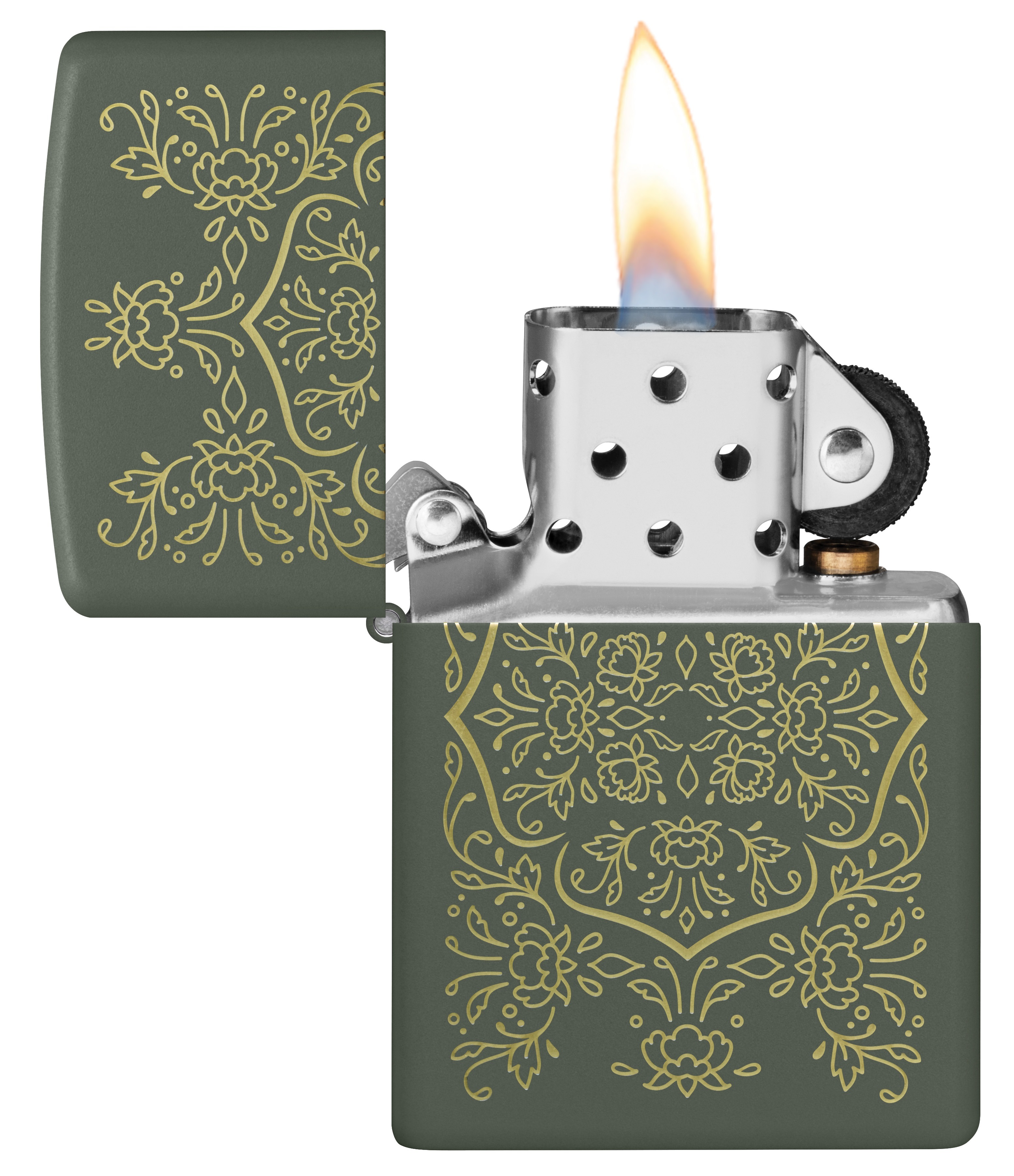 Front shot of Zippo Bejeweled Beetle Design High Polish Brass Windproof Lighter standing at a 3/4 angle.