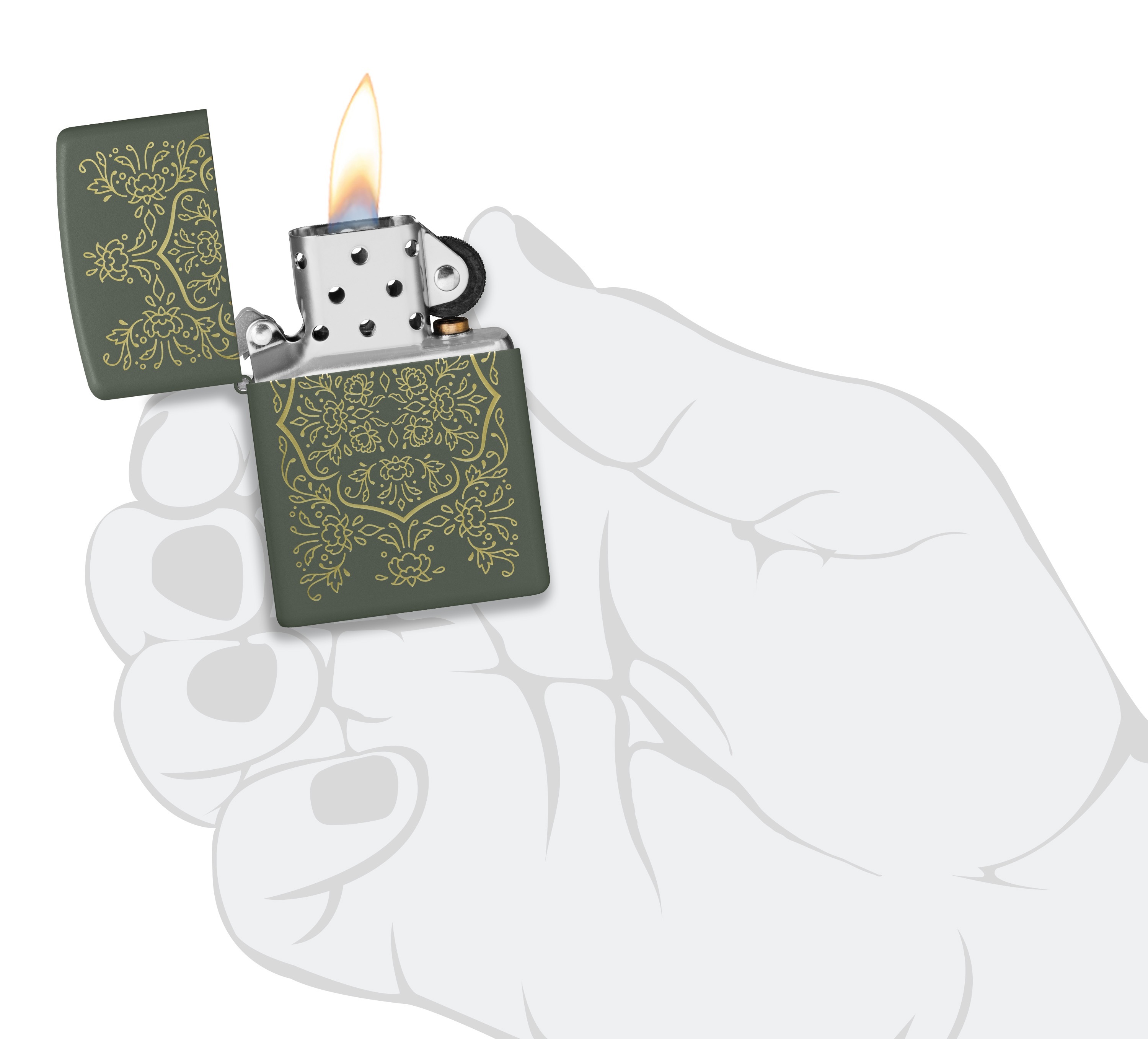 Front shot of Zippo Bejeweled Beetle Design High Polish Brass Windproof Lighter standing at a 3/4 angle.