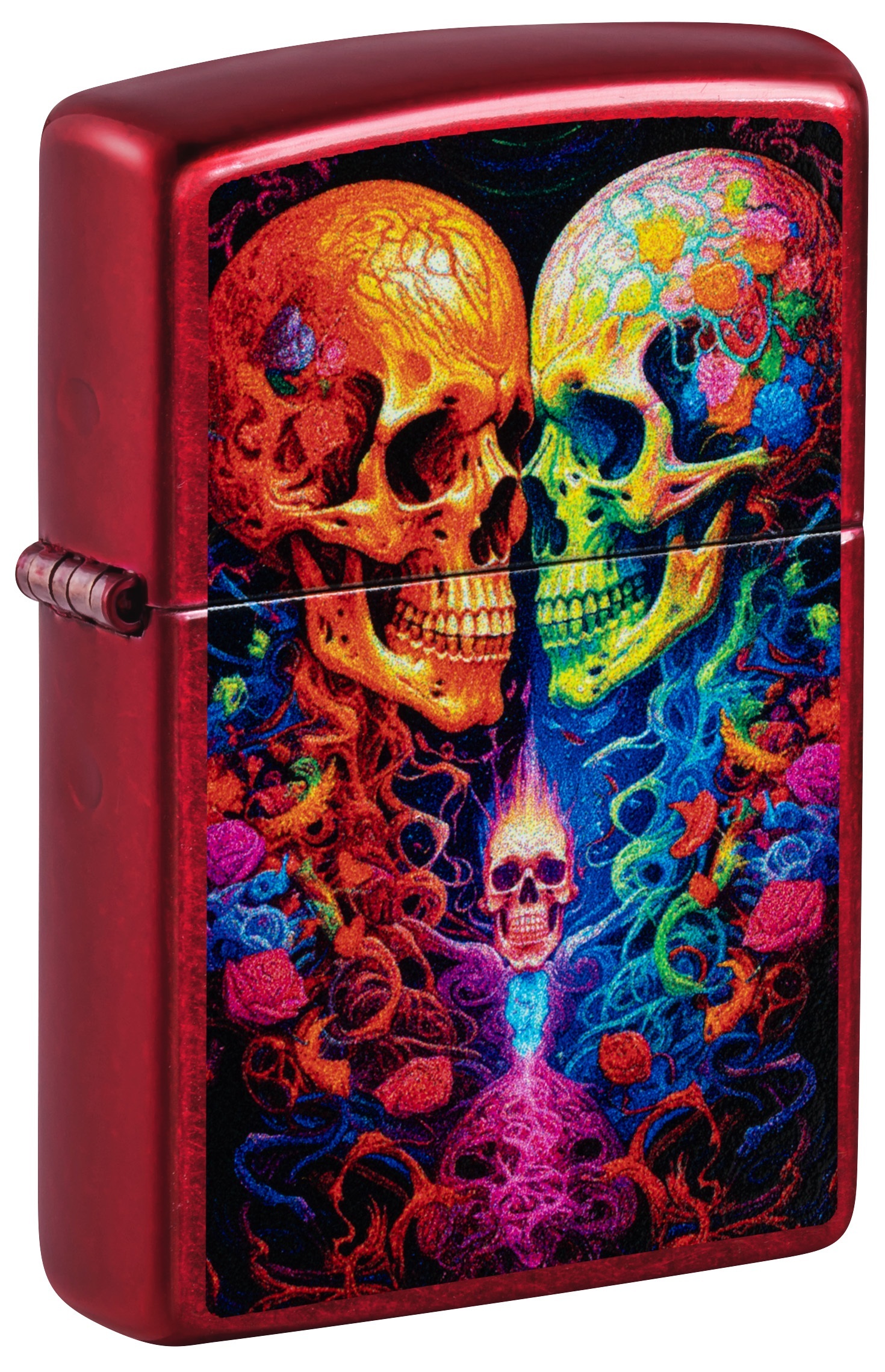Front shot of Zippo Bejeweled Beetle Design High Polish Brass Windproof Lighter standing at a 3/4 angle.