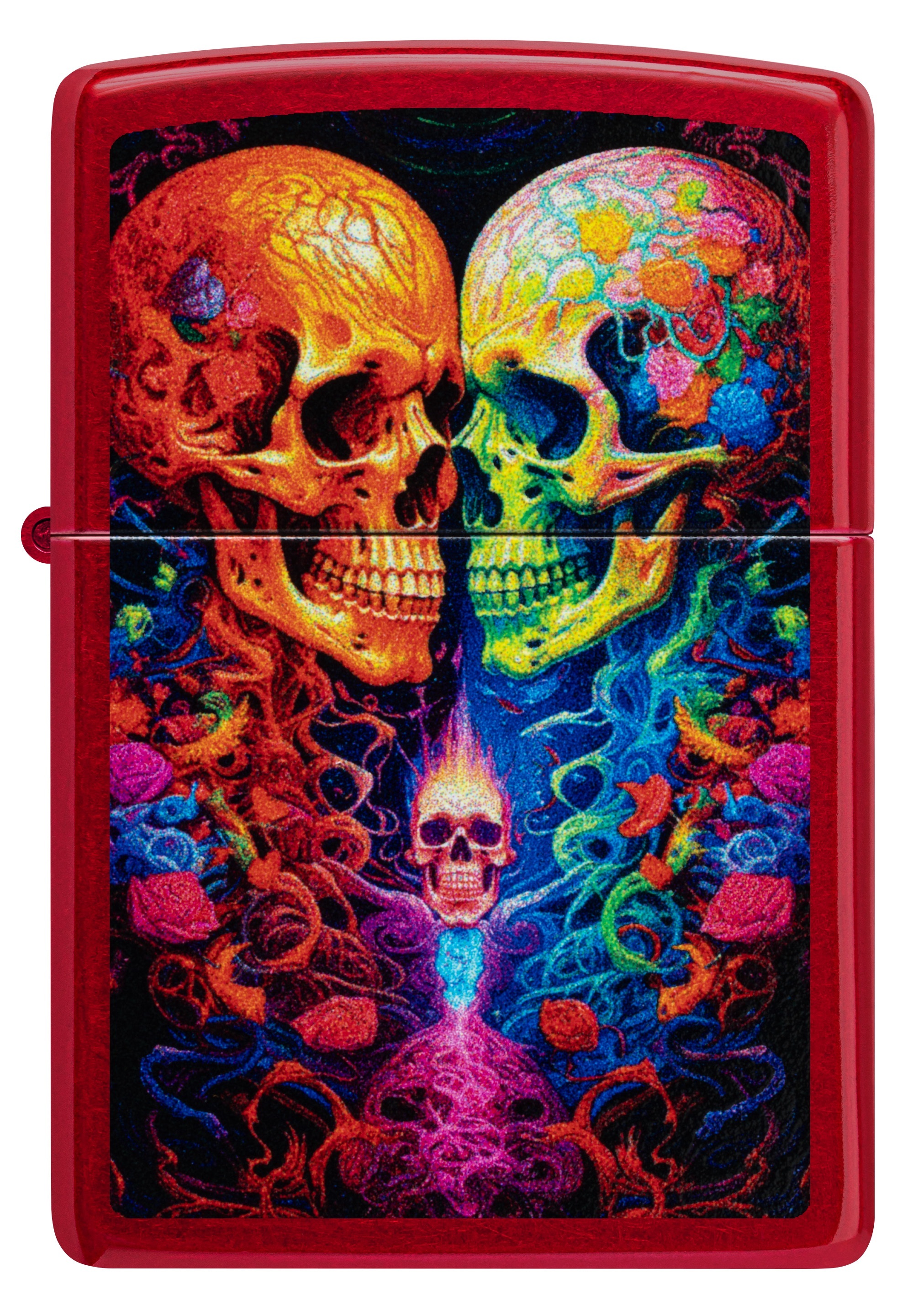 Front shot of Zippo Bejeweled Beetle Design High Polish Brass Windproof Lighter standing at a 3/4 angle.