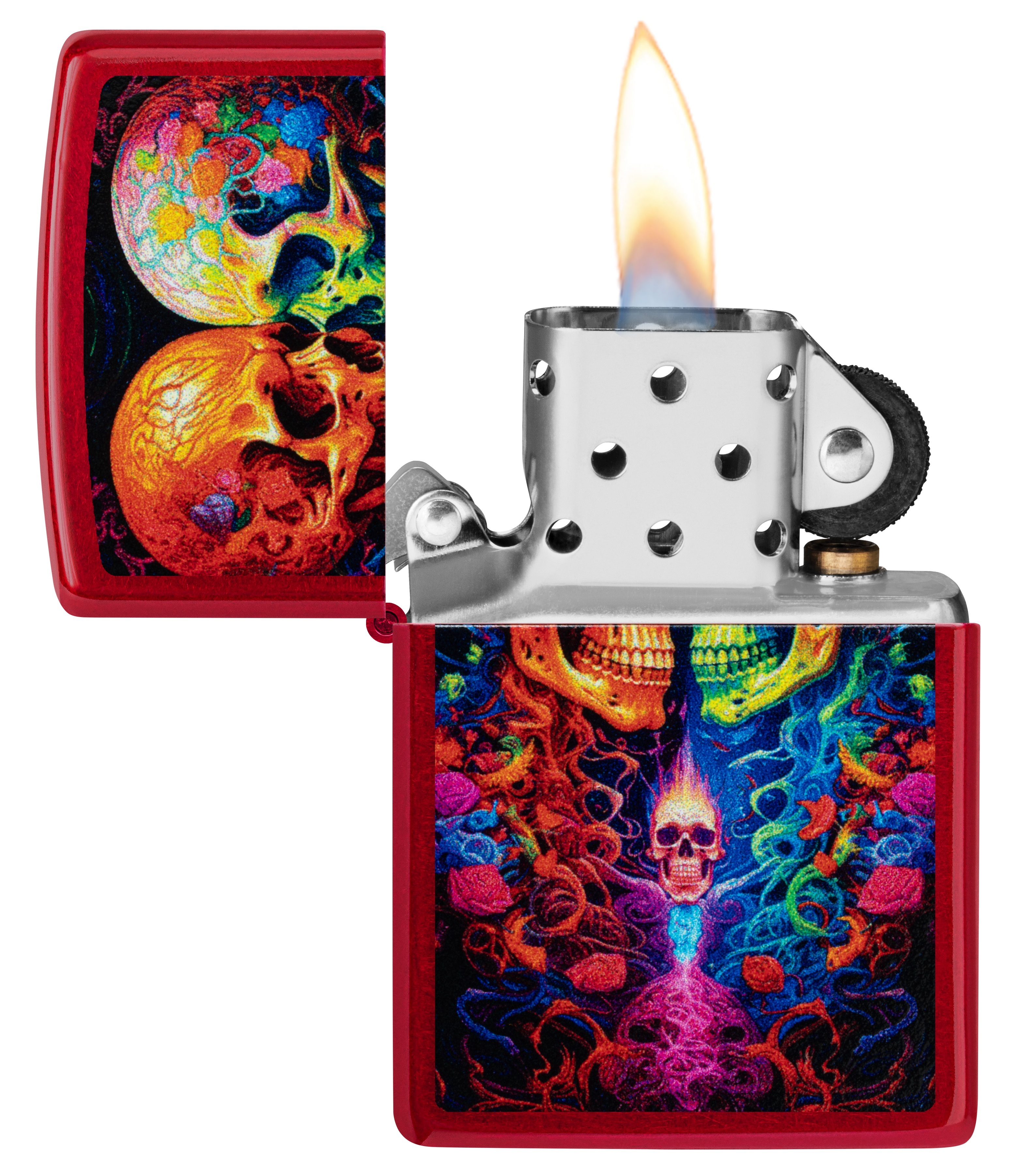Front shot of Zippo Bejeweled Beetle Design High Polish Brass Windproof Lighter standing at a 3/4 angle.