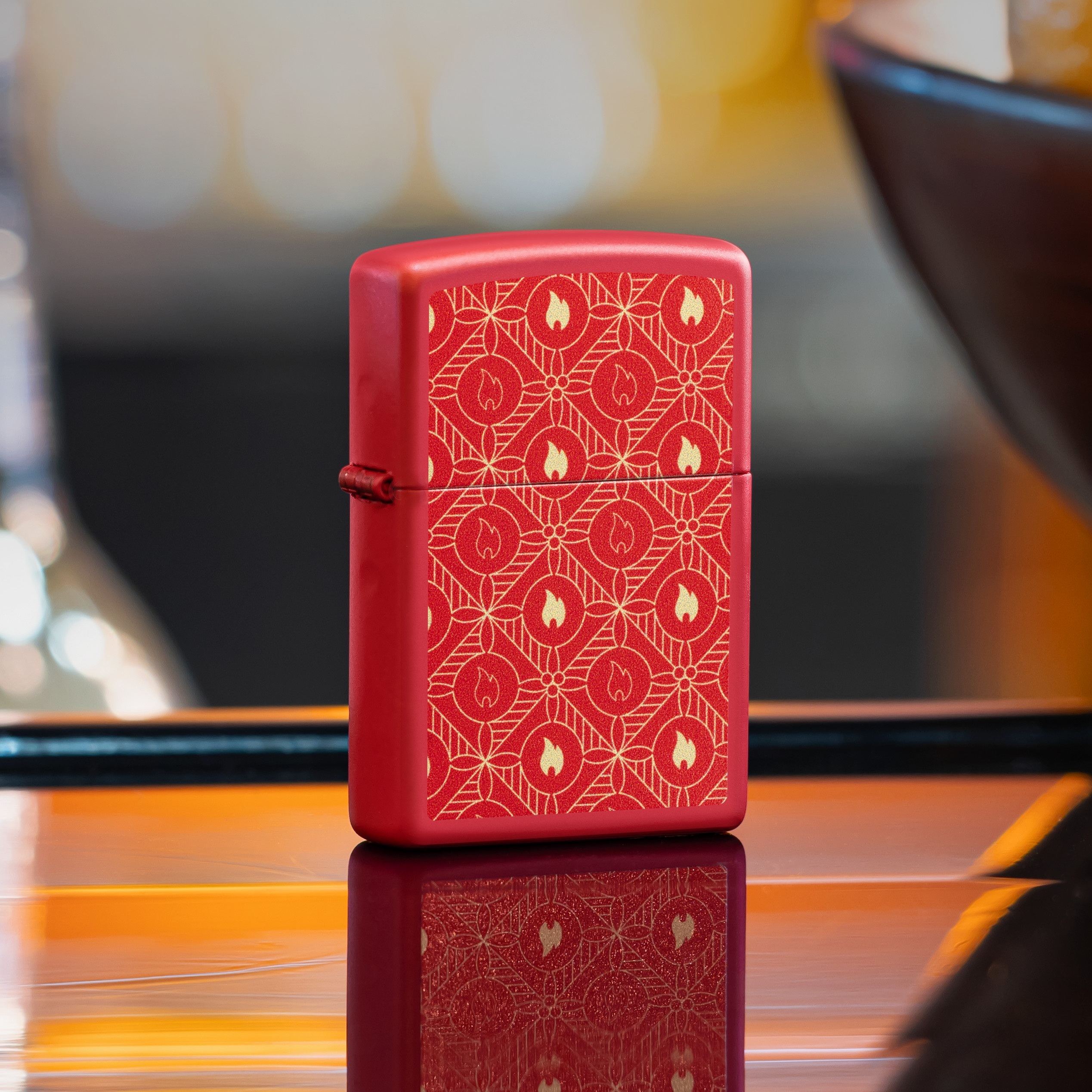 Front shot of Zippo Bejeweled Beetle Design High Polish Brass Windproof Lighter standing at a 3/4 angle.