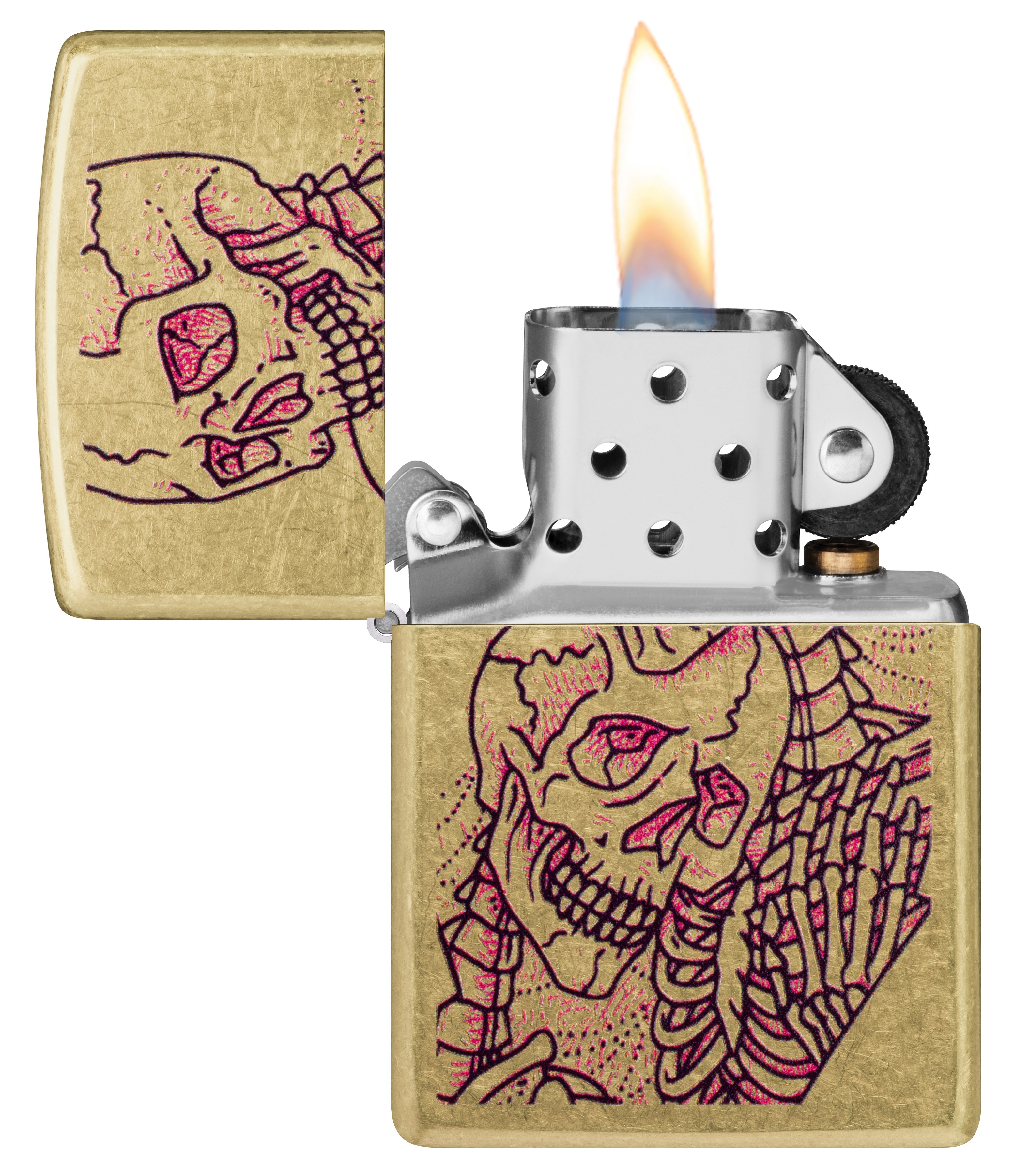 Front shot of Zippo Bejeweled Beetle Design High Polish Brass Windproof Lighter standing at a 3/4 angle.