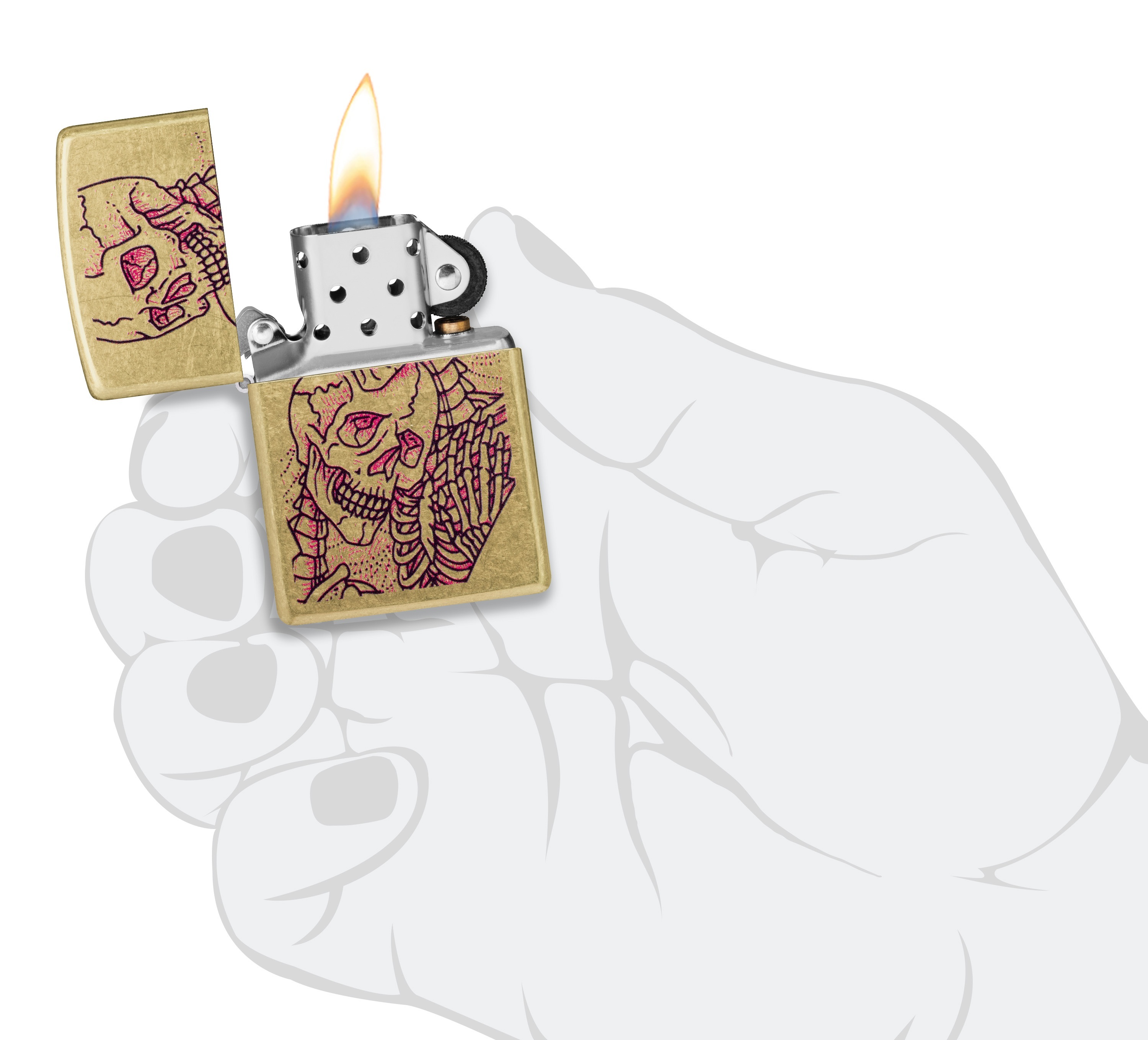 Front shot of Zippo Bejeweled Beetle Design High Polish Brass Windproof Lighter standing at a 3/4 angle.