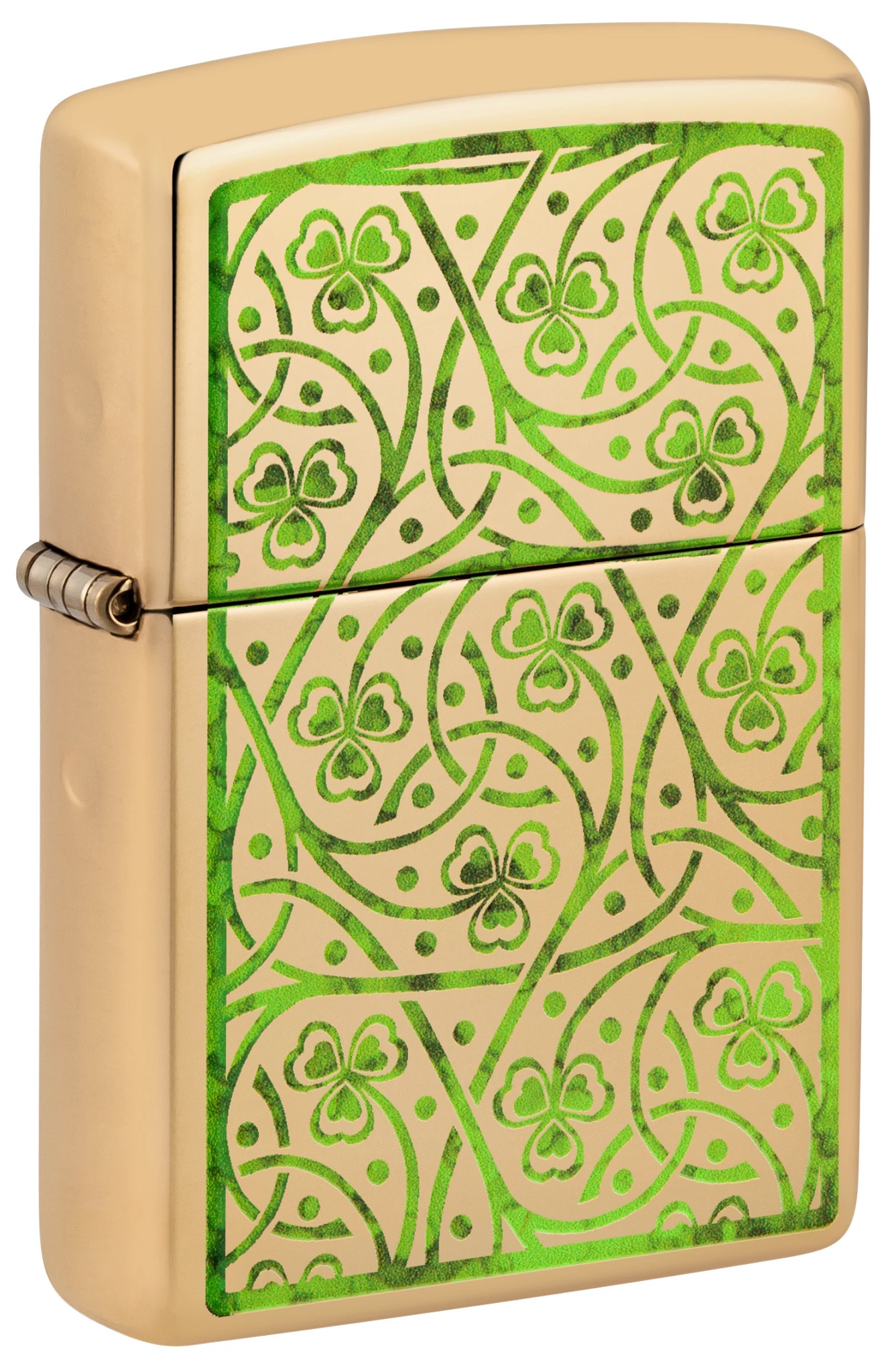 Front shot of Zippo Bejeweled Beetle Design High Polish Brass Windproof Lighter standing at a 3/4 angle.