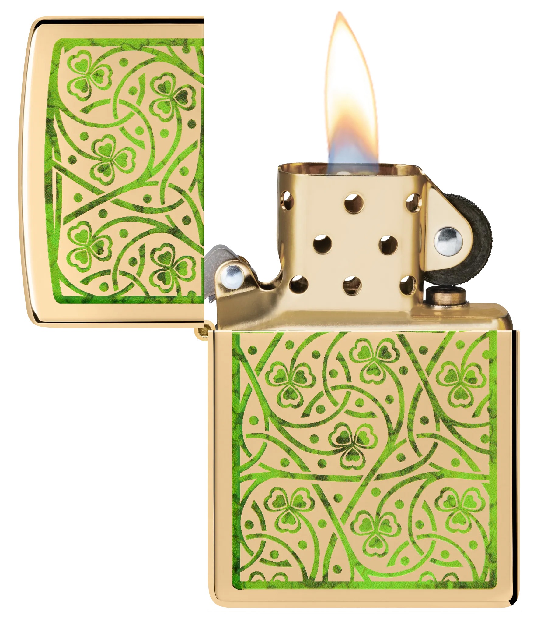 Front shot of Zippo Bejeweled Beetle Design High Polish Brass Windproof Lighter standing at a 3/4 angle.