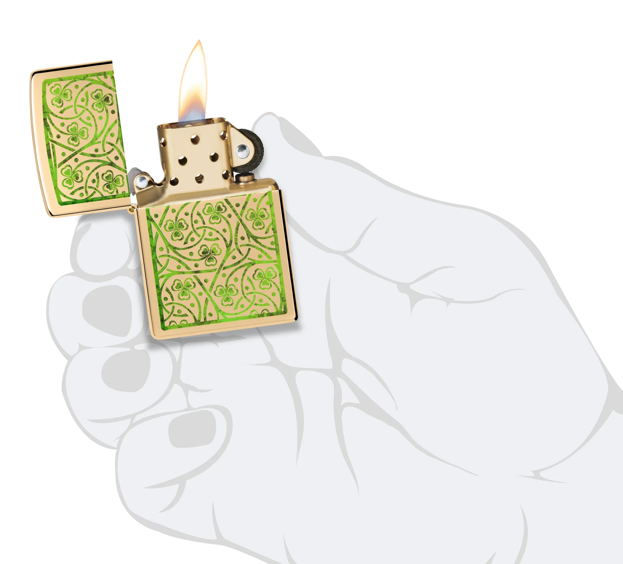 Front shot of Zippo Bejeweled Beetle Design High Polish Brass Windproof Lighter standing at a 3/4 angle.