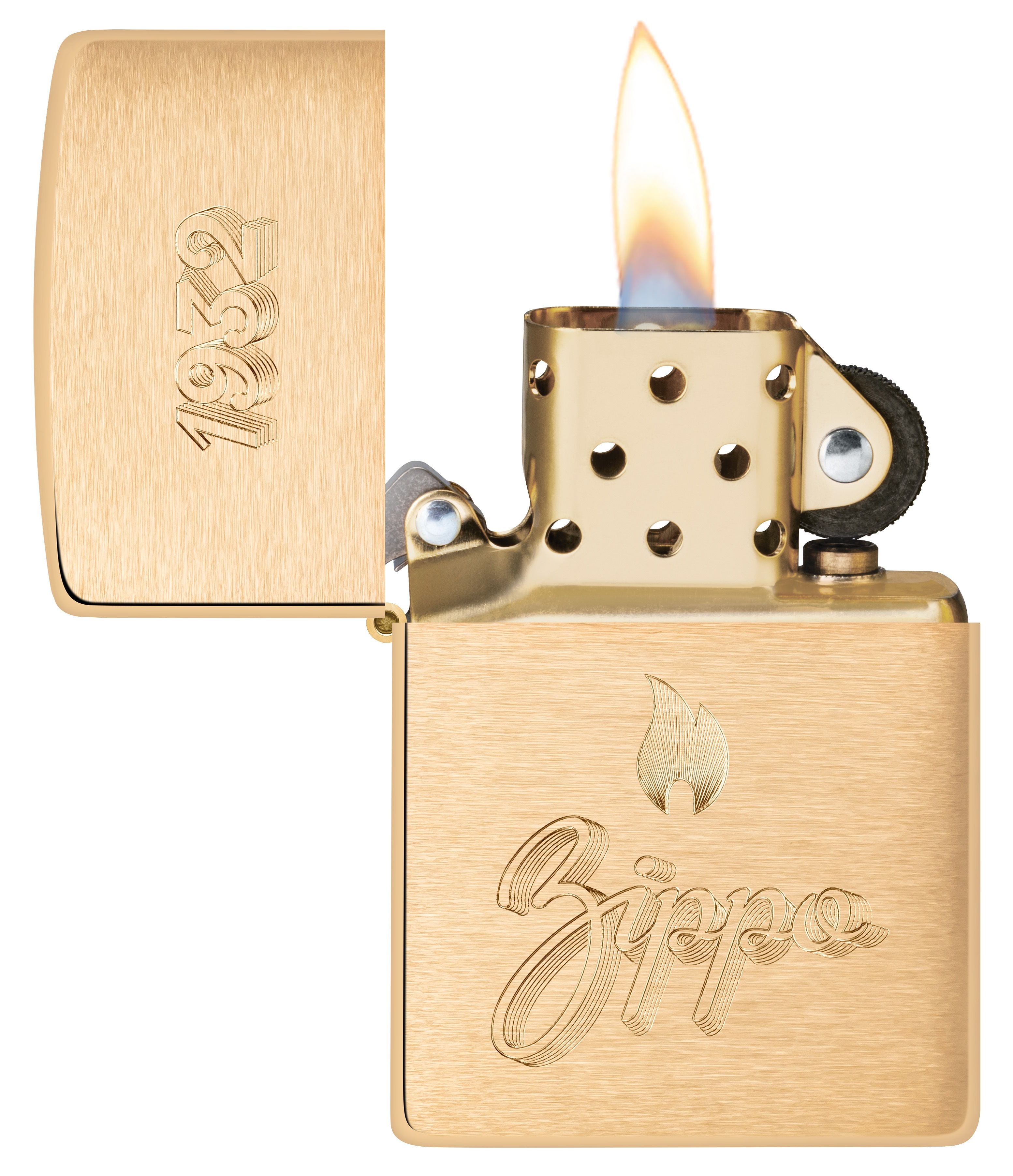 Front shot of Zippo Bejeweled Beetle Design High Polish Brass Windproof Lighter standing at a 3/4 angle.