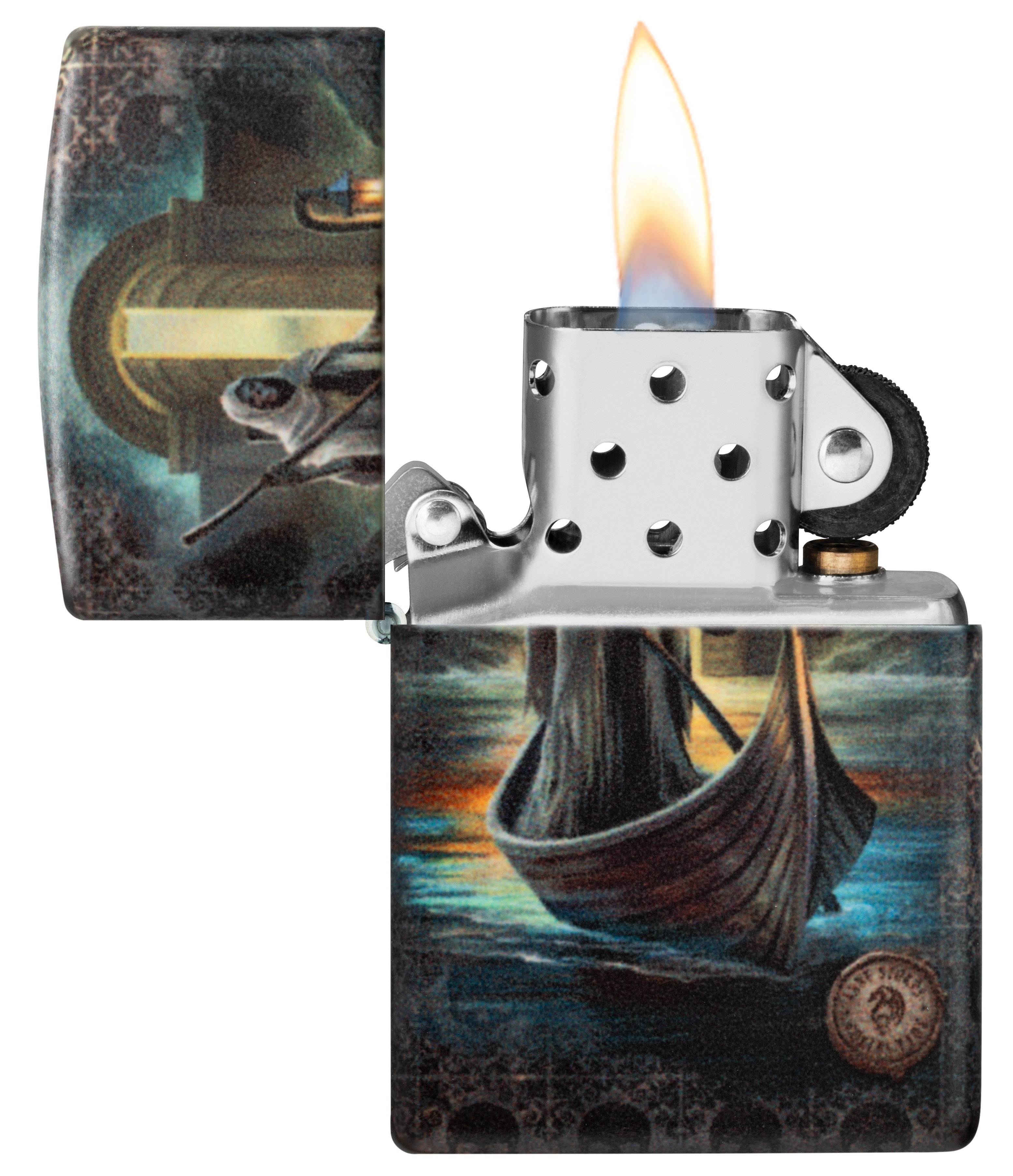 Front shot of Zippo Bejeweled Beetle Design High Polish Brass Windproof Lighter standing at a 3/4 angle.