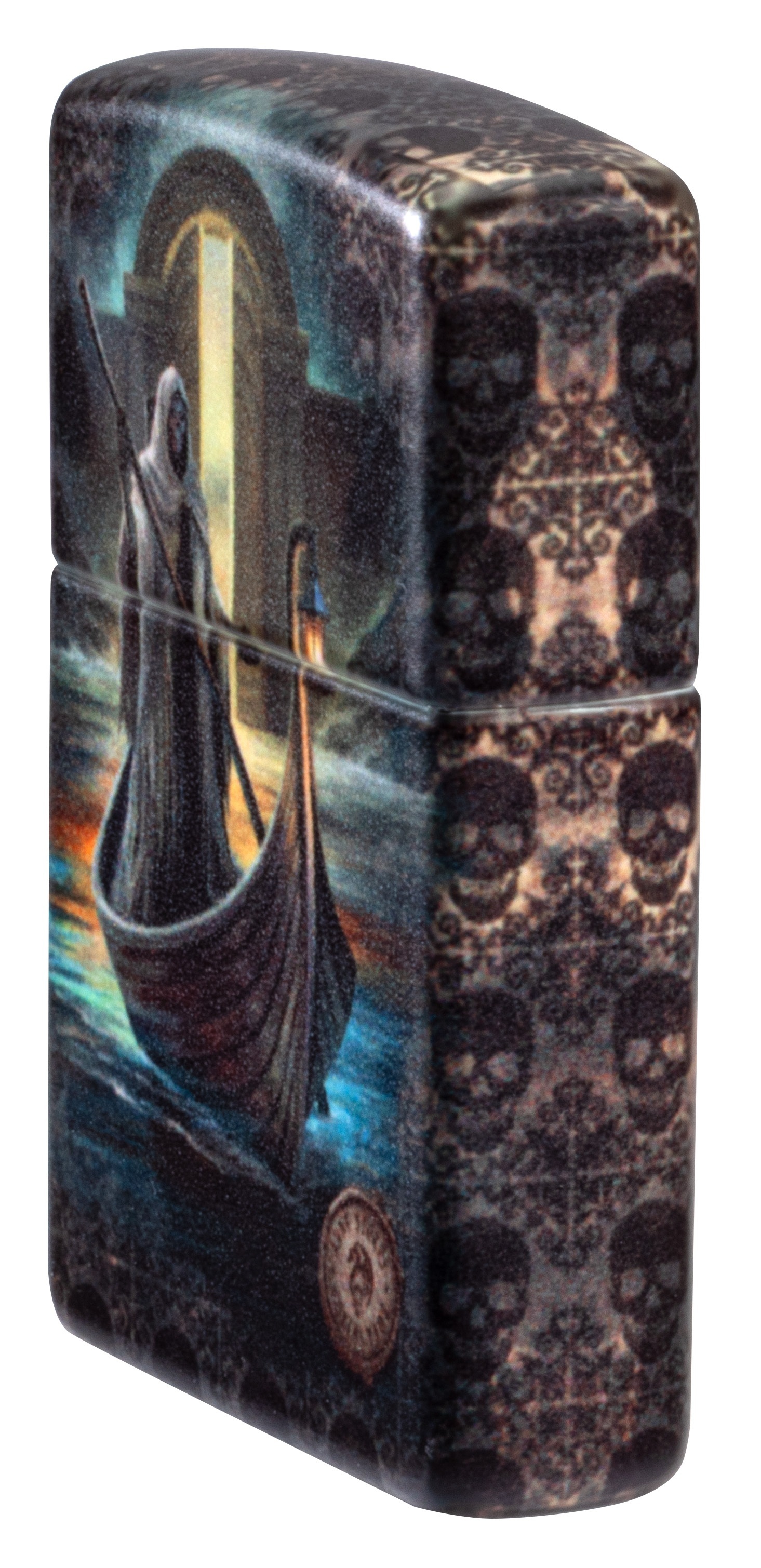 Front shot of Zippo Bejeweled Beetle Design High Polish Brass Windproof Lighter standing at a 3/4 angle.