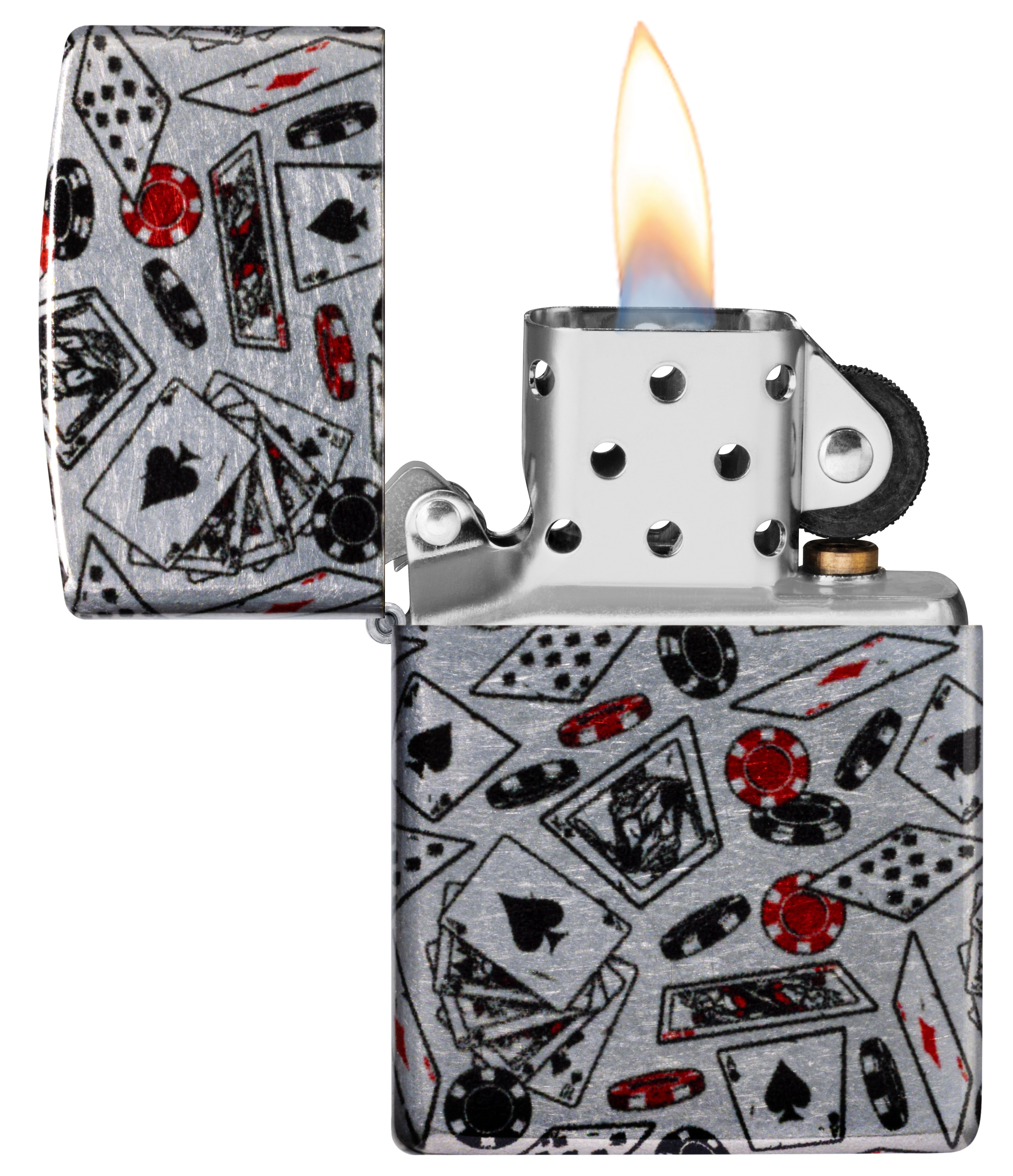 Front shot of Zippo Bejeweled Beetle Design High Polish Brass Windproof Lighter standing at a 3/4 angle.