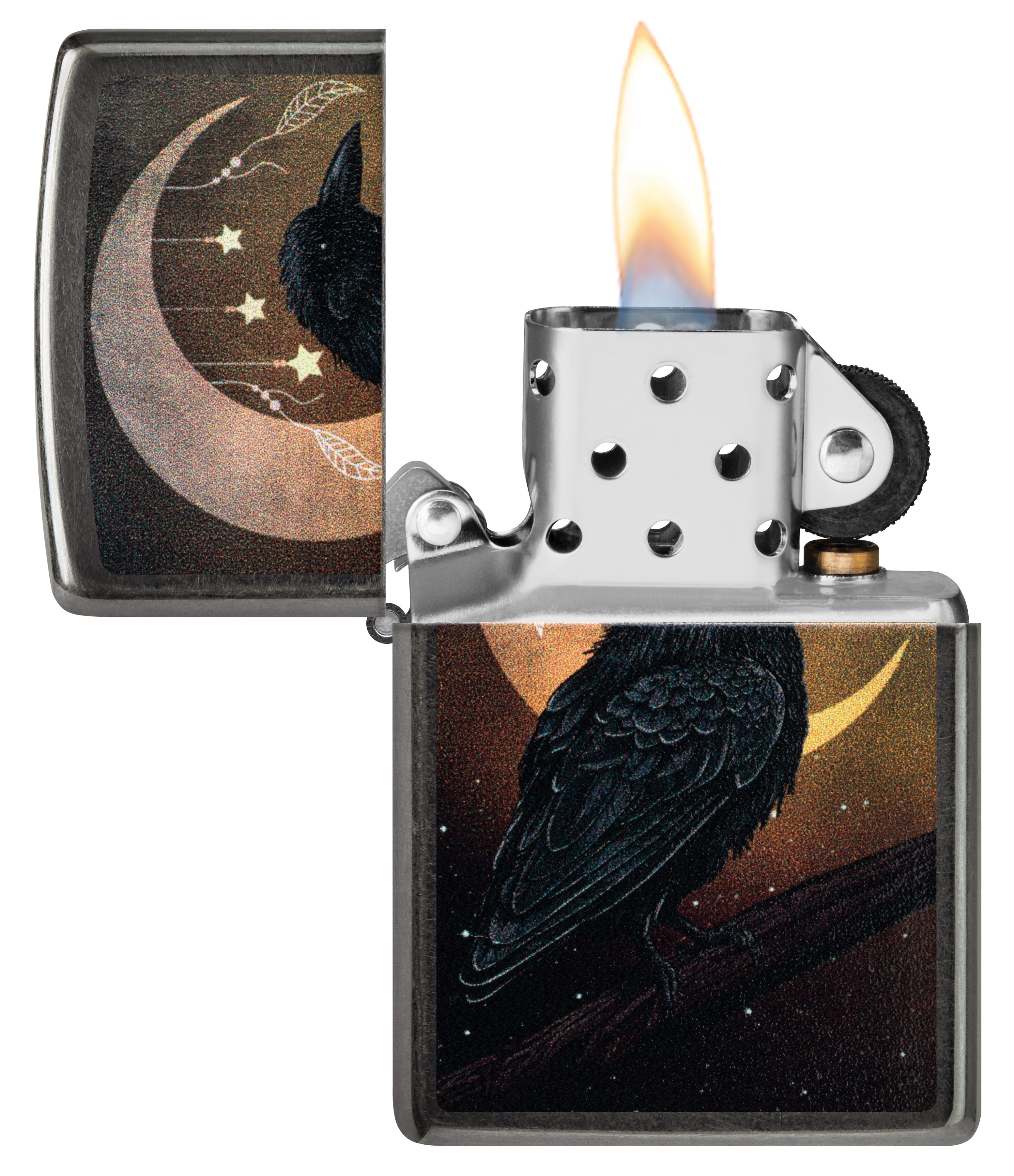 Front shot of Zippo Bejeweled Beetle Design High Polish Brass Windproof Lighter standing at a 3/4 angle.