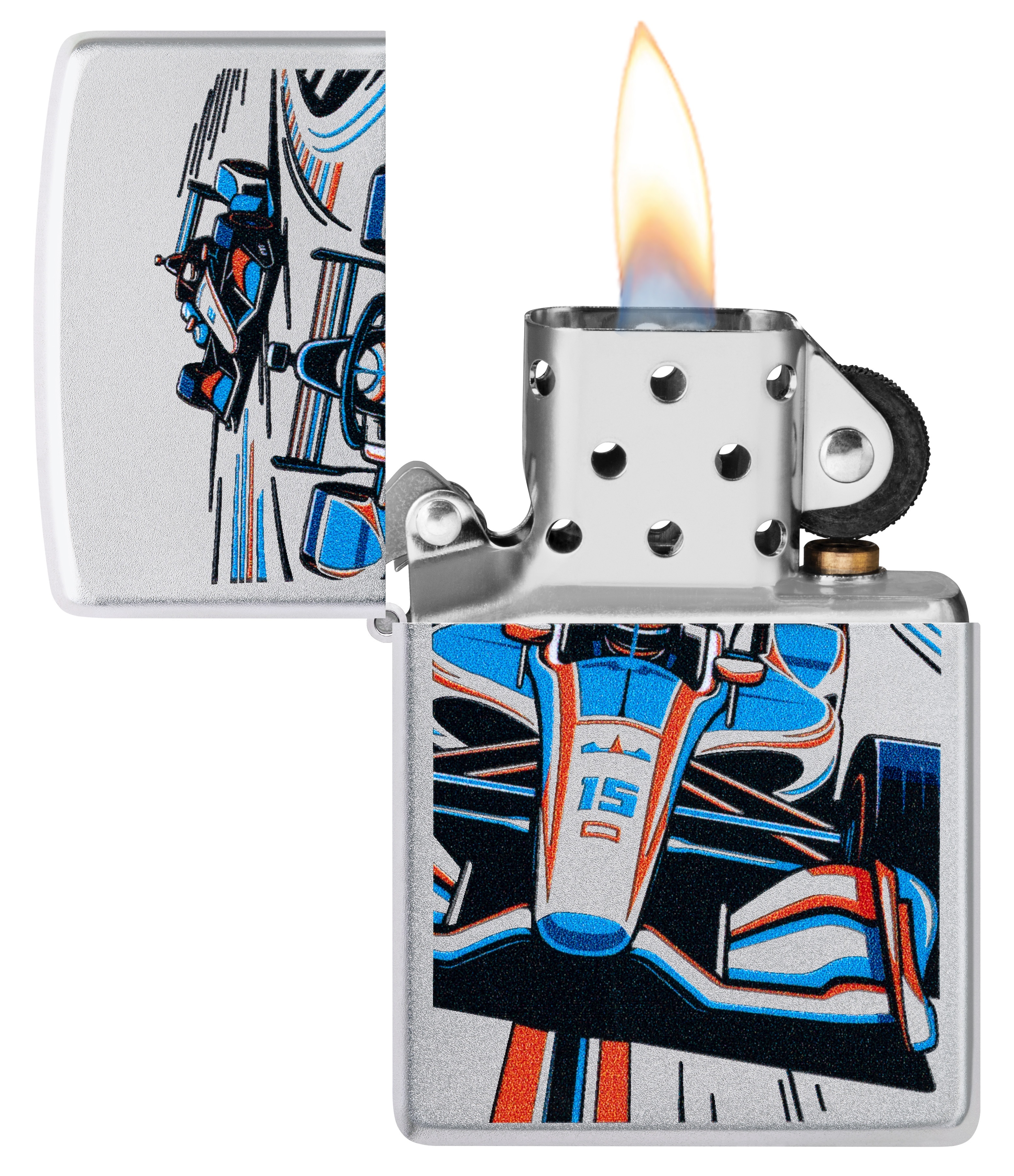 Front shot of Zippo Bejeweled Beetle Design High Polish Brass Windproof Lighter standing at a 3/4 angle.