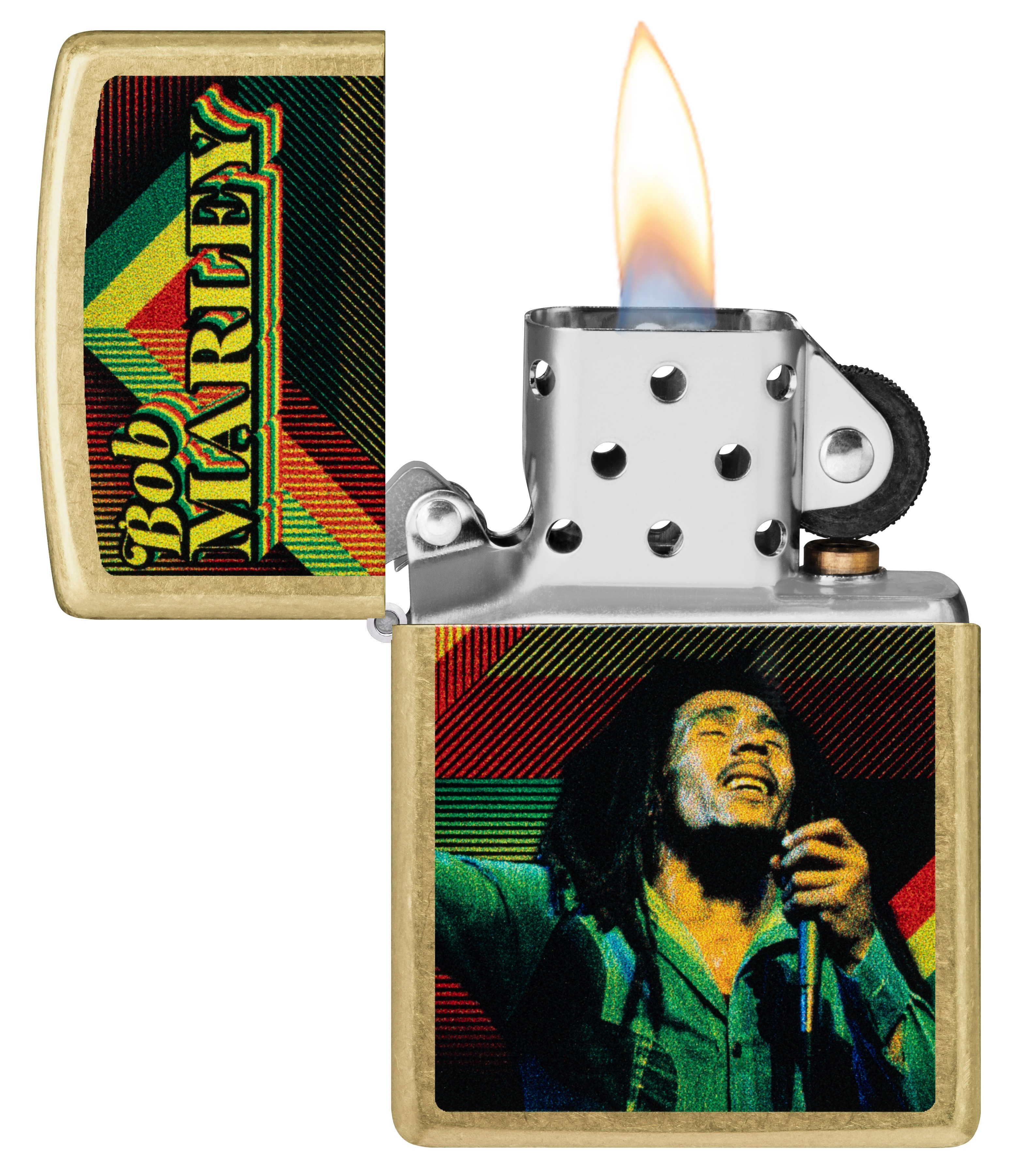 Front shot of Zippo Bejeweled Beetle Design High Polish Brass Windproof Lighter standing at a 3/4 angle.