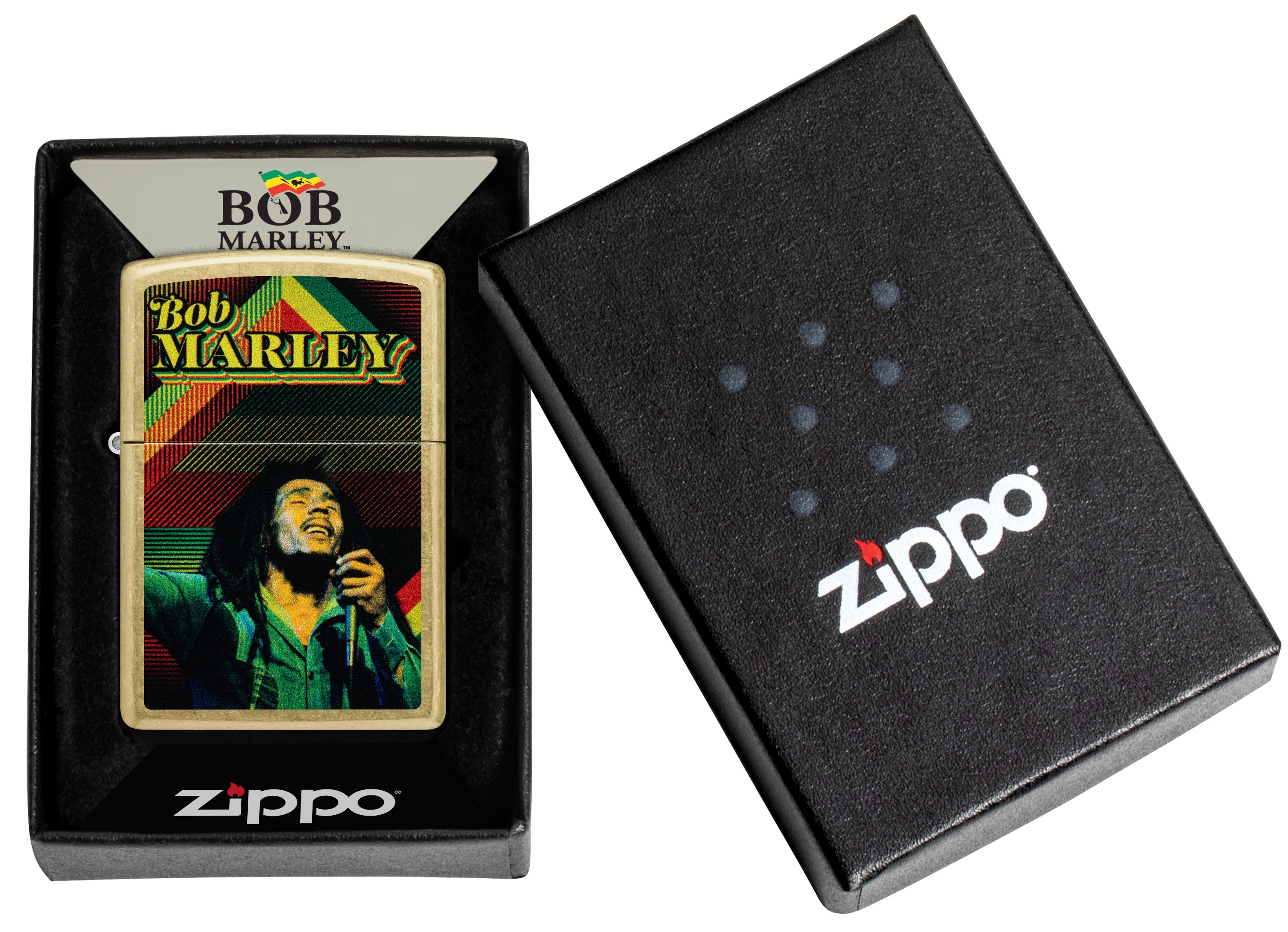Front shot of Zippo Bejeweled Beetle Design High Polish Brass Windproof Lighter standing at a 3/4 angle.