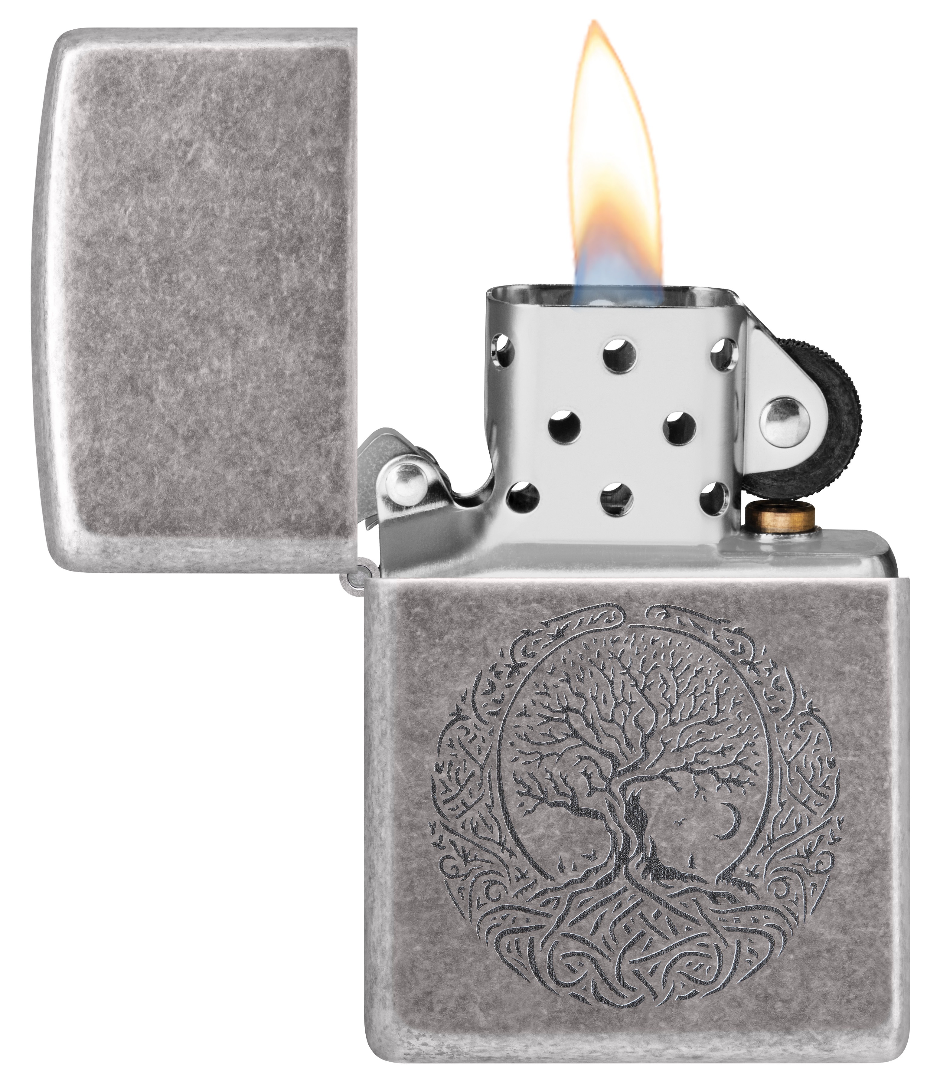Front shot of Zippo Bejeweled Beetle Design High Polish Brass Windproof Lighter standing at a 3/4 angle.