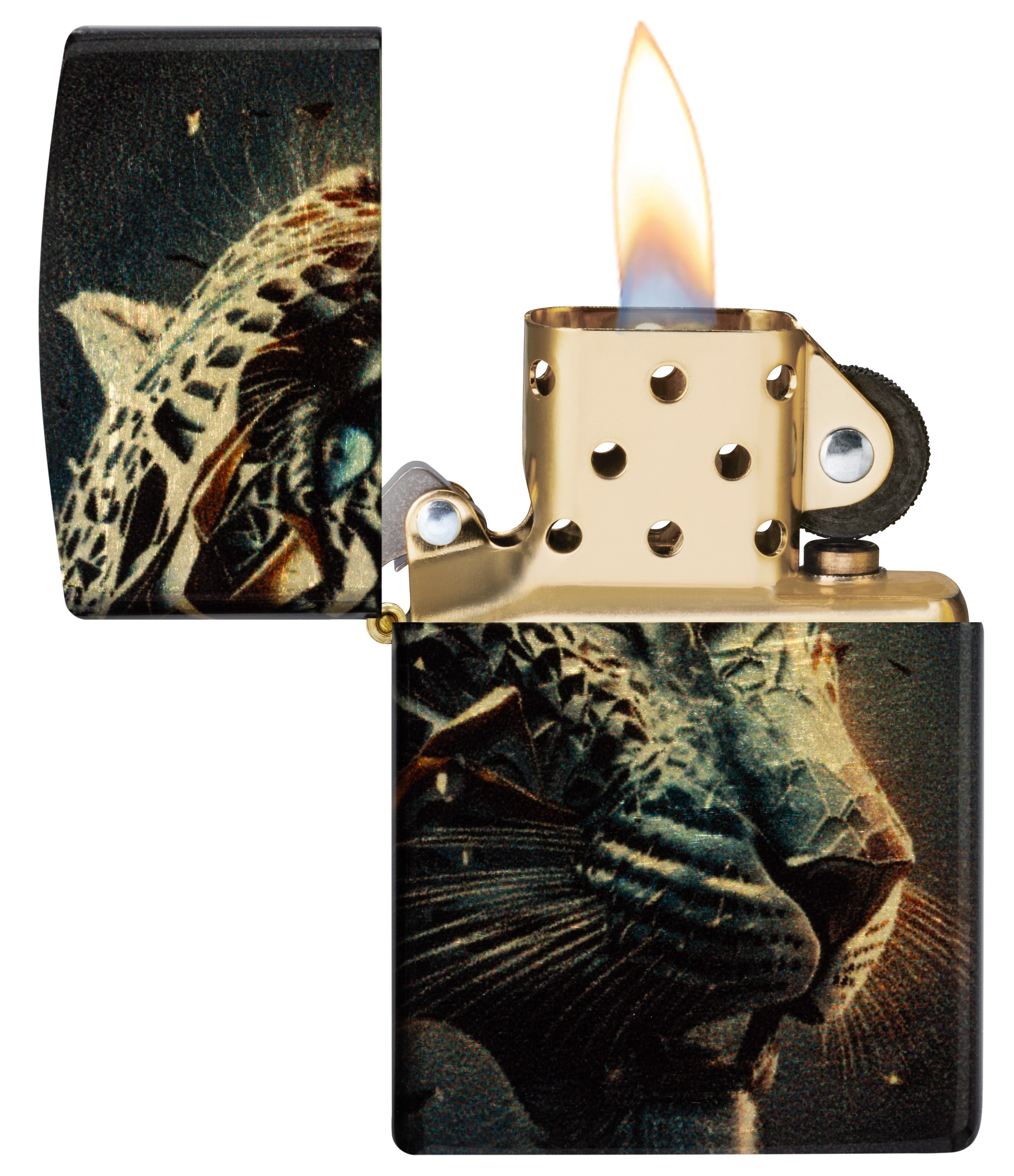 Front shot of Zippo Bejeweled Beetle Design High Polish Brass Windproof Lighter standing at a 3/4 angle.