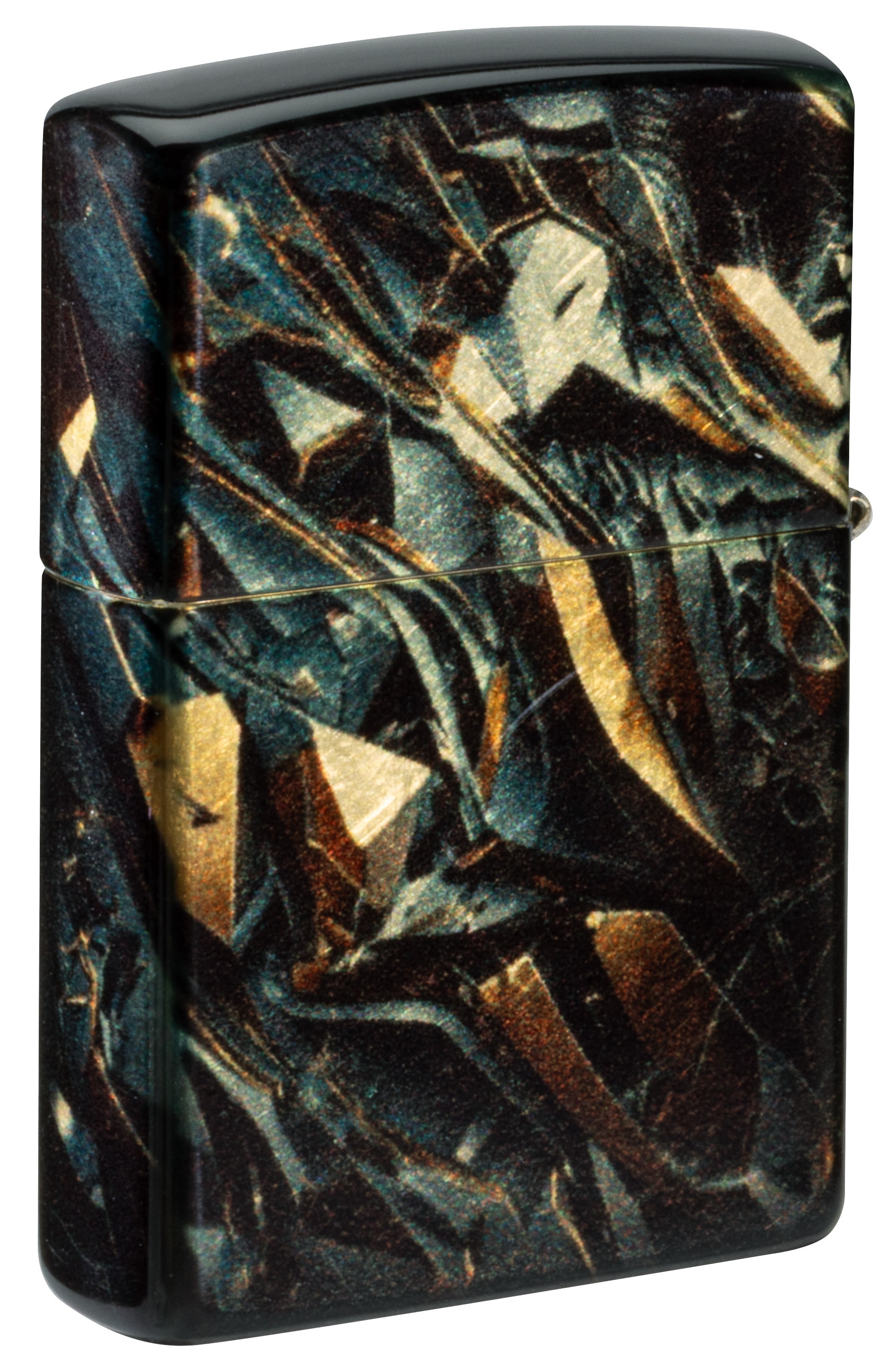 Front shot of Zippo Bejeweled Beetle Design High Polish Brass Windproof Lighter standing at a 3/4 angle.