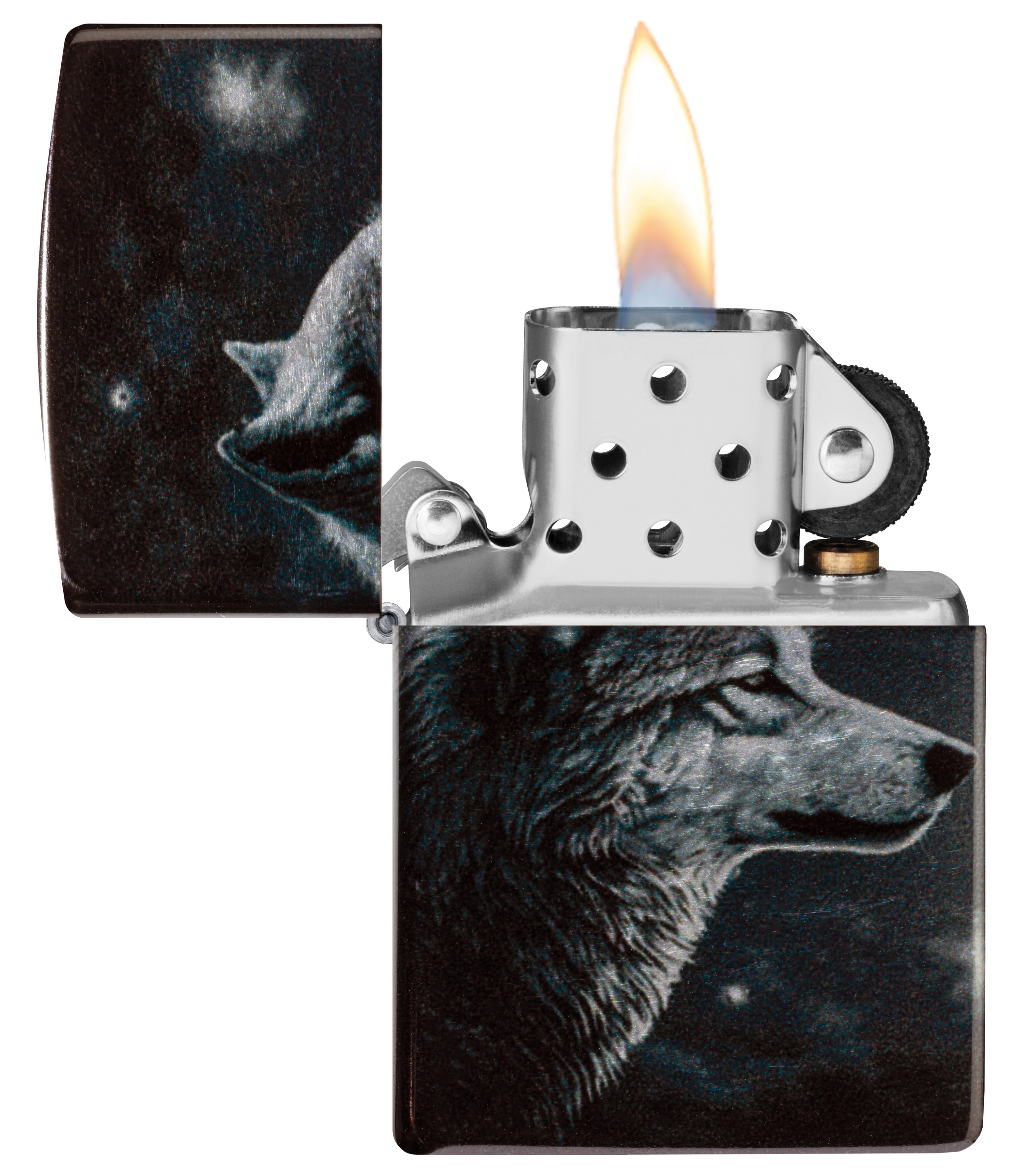 Front shot of Zippo Bejeweled Beetle Design High Polish Brass Windproof Lighter standing at a 3/4 angle.