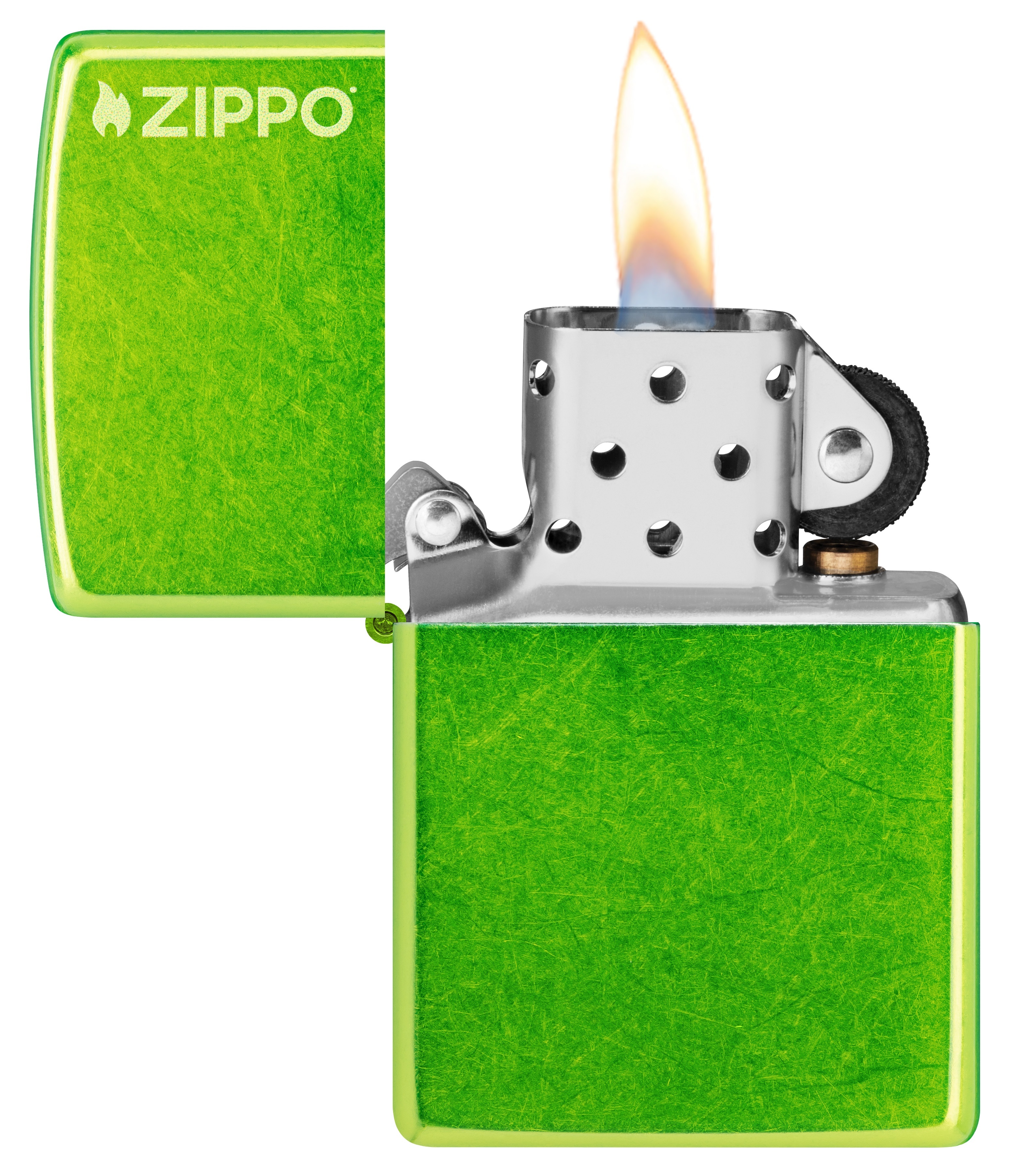 Front shot of Zippo Bejeweled Beetle Design High Polish Brass Windproof Lighter standing at a 3/4 angle.