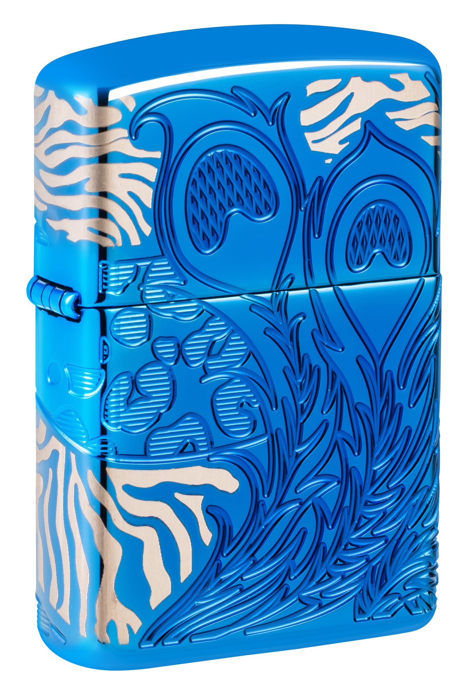 Front shot of Zippo Bejeweled Beetle Design High Polish Brass Windproof Lighter standing at a 3/4 angle.
