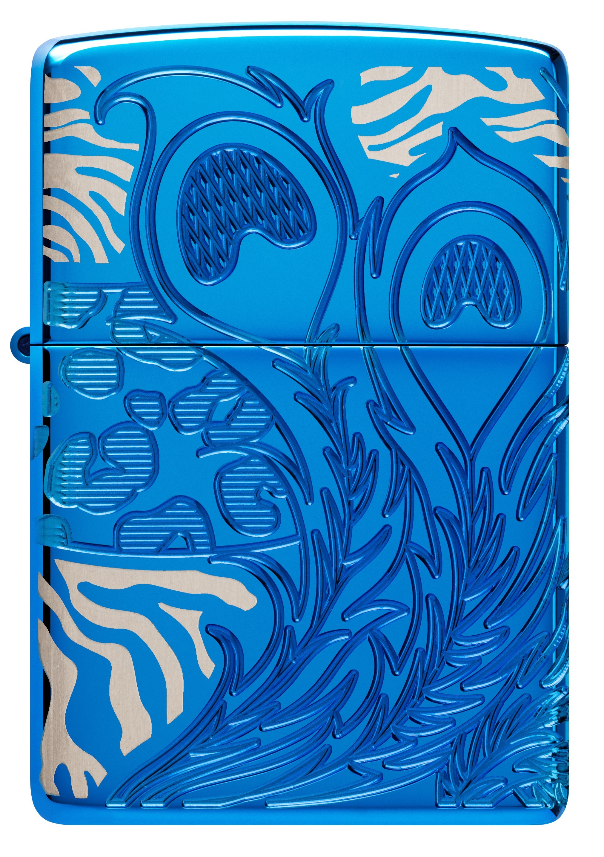 Front shot of Zippo Bejeweled Beetle Design High Polish Brass Windproof Lighter standing at a 3/4 angle.