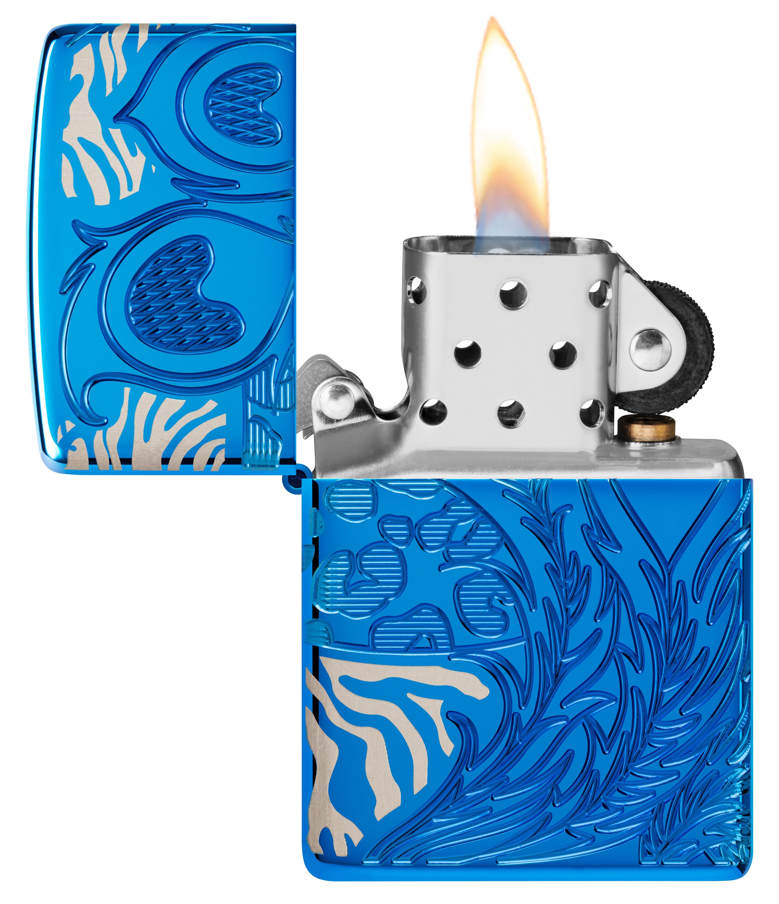 Front shot of Zippo Bejeweled Beetle Design High Polish Brass Windproof Lighter standing at a 3/4 angle.