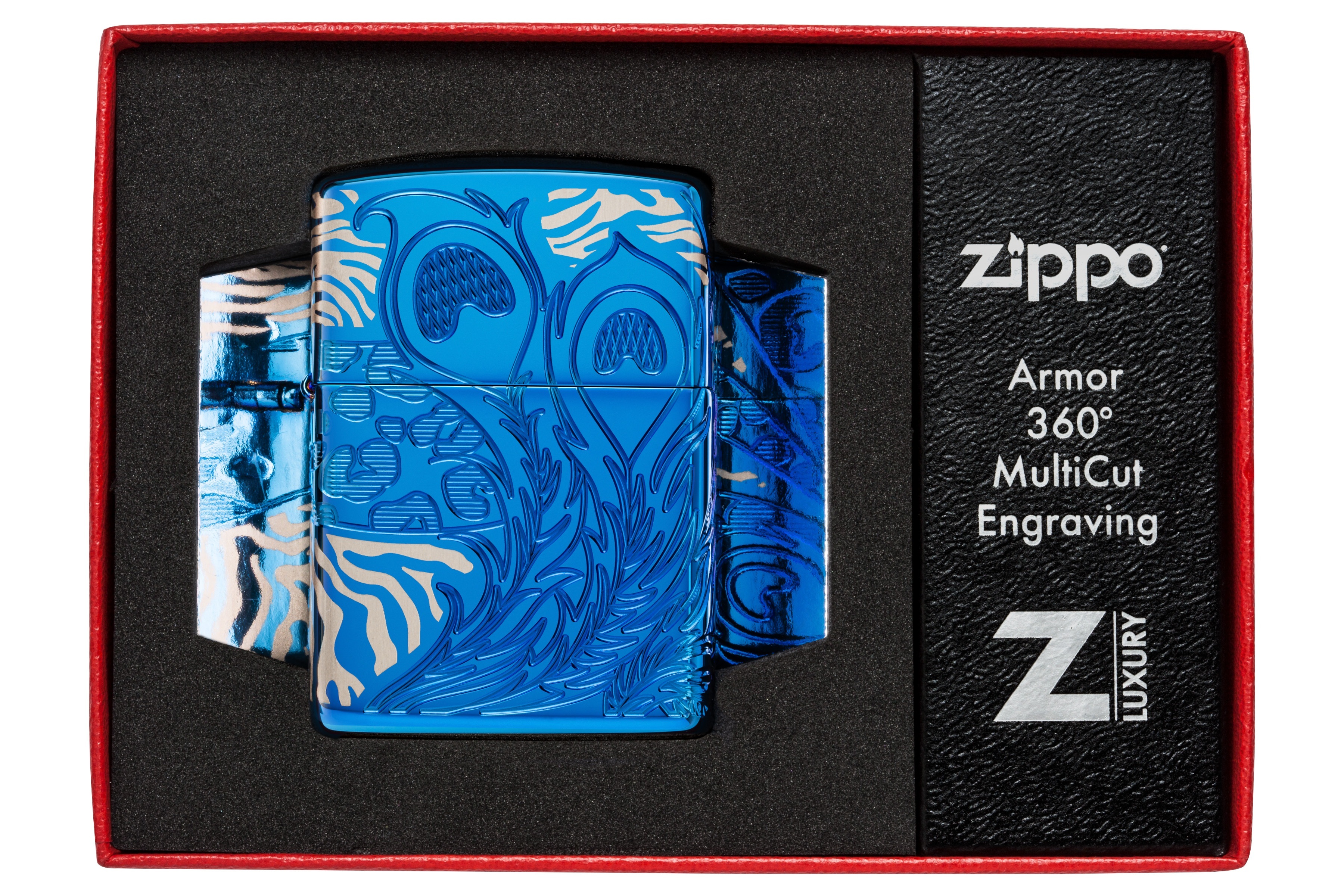 Front shot of Zippo Bejeweled Beetle Design High Polish Brass Windproof Lighter standing at a 3/4 angle.