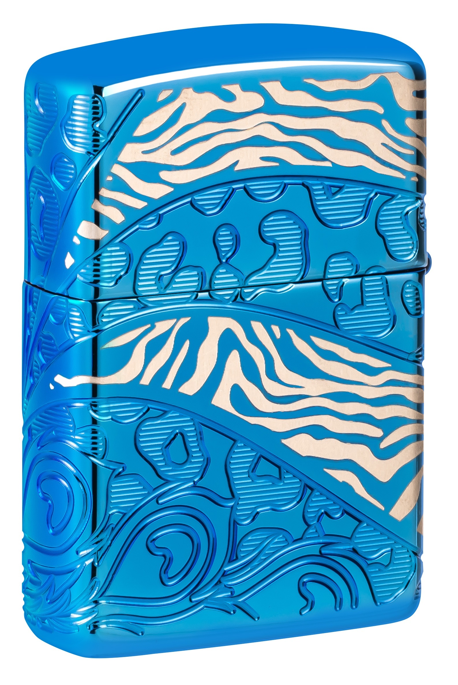 Front shot of Zippo Bejeweled Beetle Design High Polish Brass Windproof Lighter standing at a 3/4 angle.