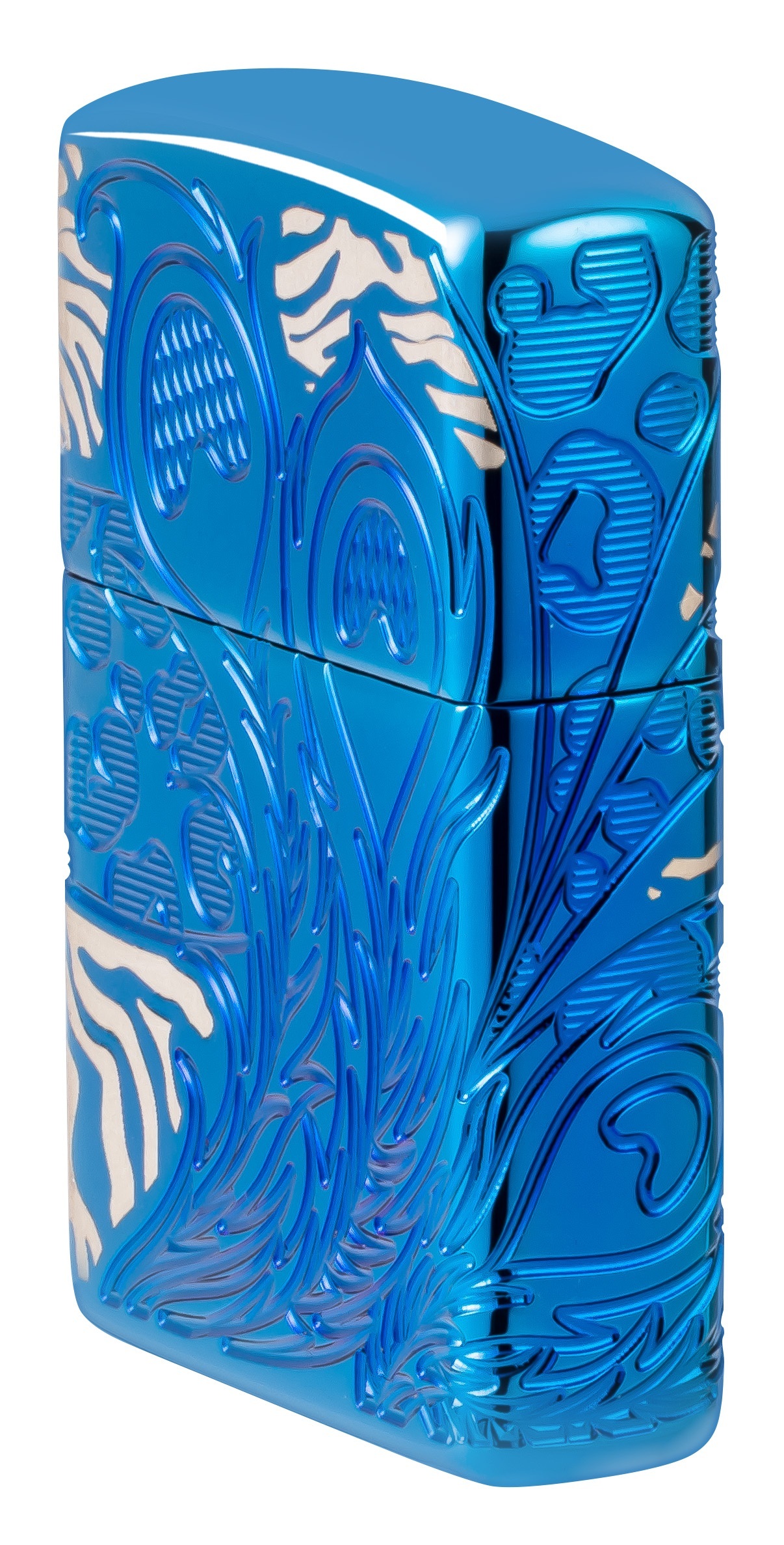 Front shot of Zippo Bejeweled Beetle Design High Polish Brass Windproof Lighter standing at a 3/4 angle.