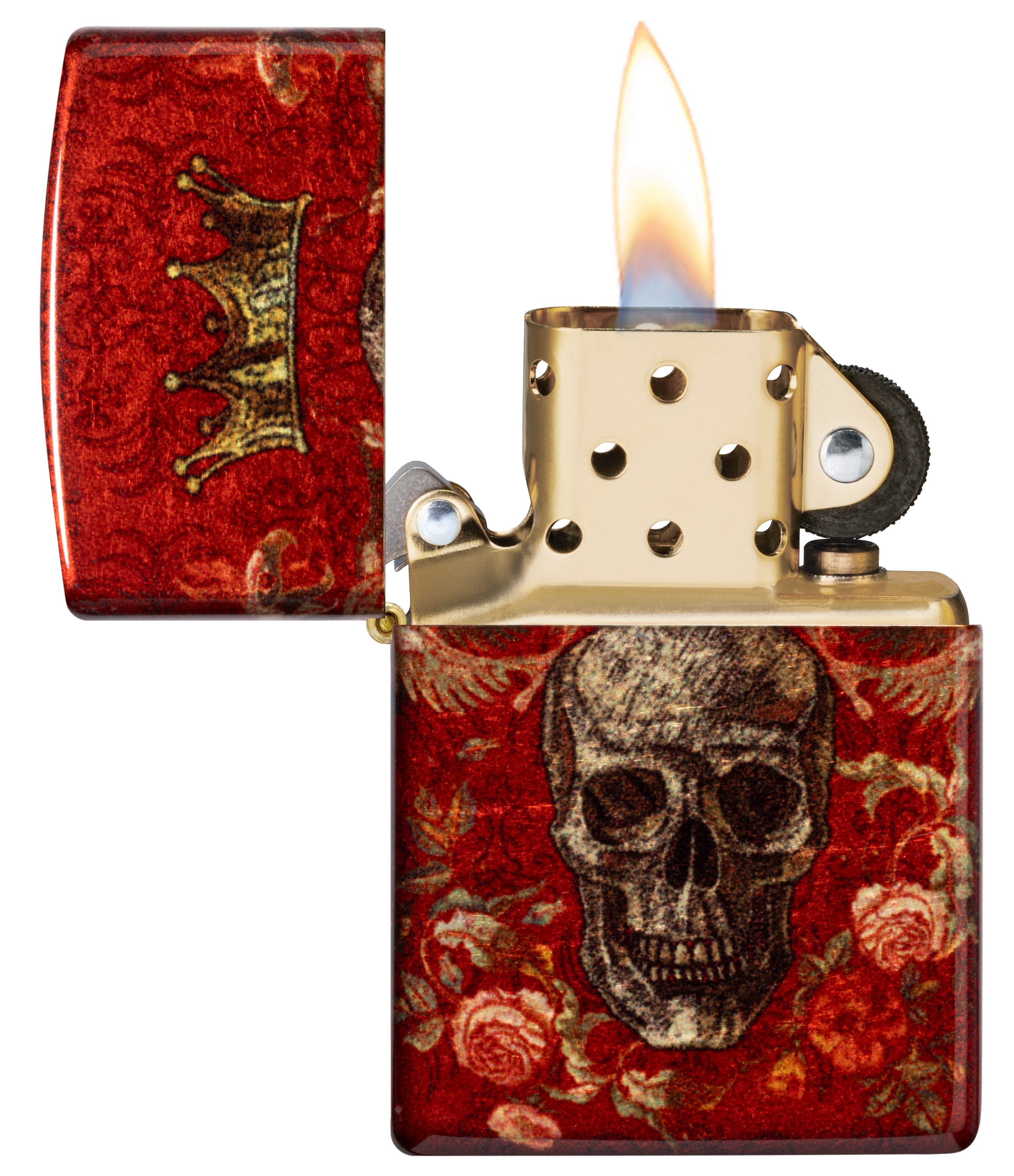 Front shot of Zippo Bejeweled Beetle Design High Polish Brass Windproof Lighter standing at a 3/4 angle.
