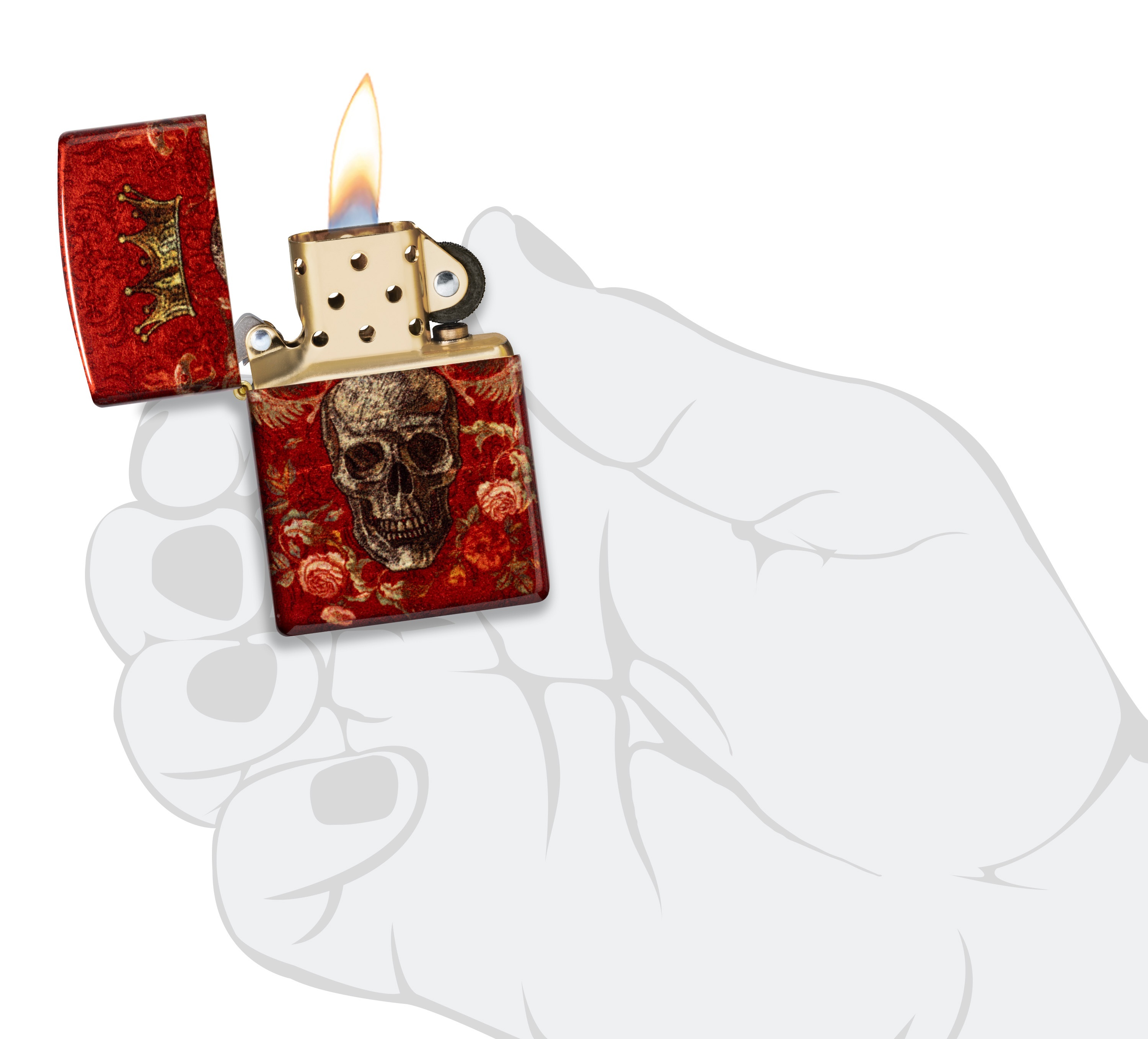 Front shot of Zippo Bejeweled Beetle Design High Polish Brass Windproof Lighter standing at a 3/4 angle.