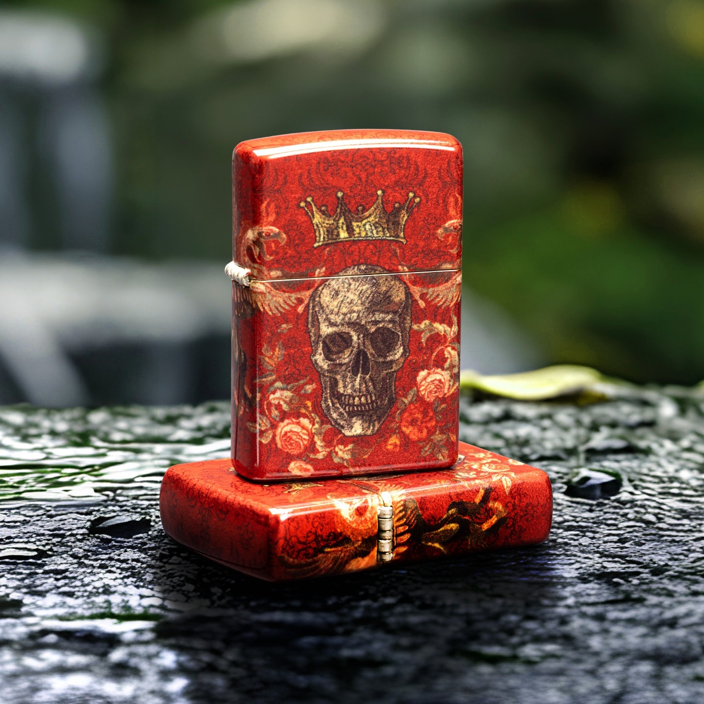 Front shot of Zippo Bejeweled Beetle Design High Polish Brass Windproof Lighter standing at a 3/4 angle.