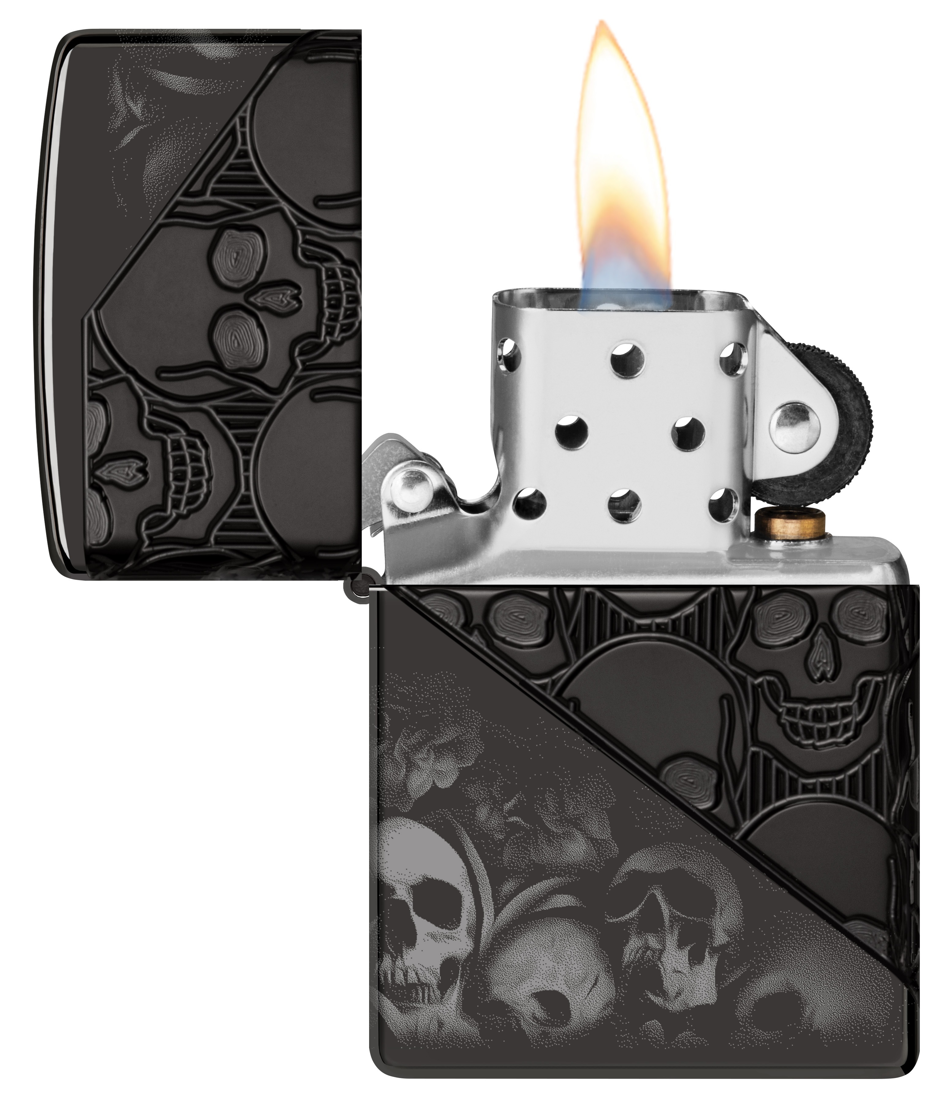 Front shot of Zippo Bejeweled Beetle Design High Polish Brass Windproof Lighter standing at a 3/4 angle.