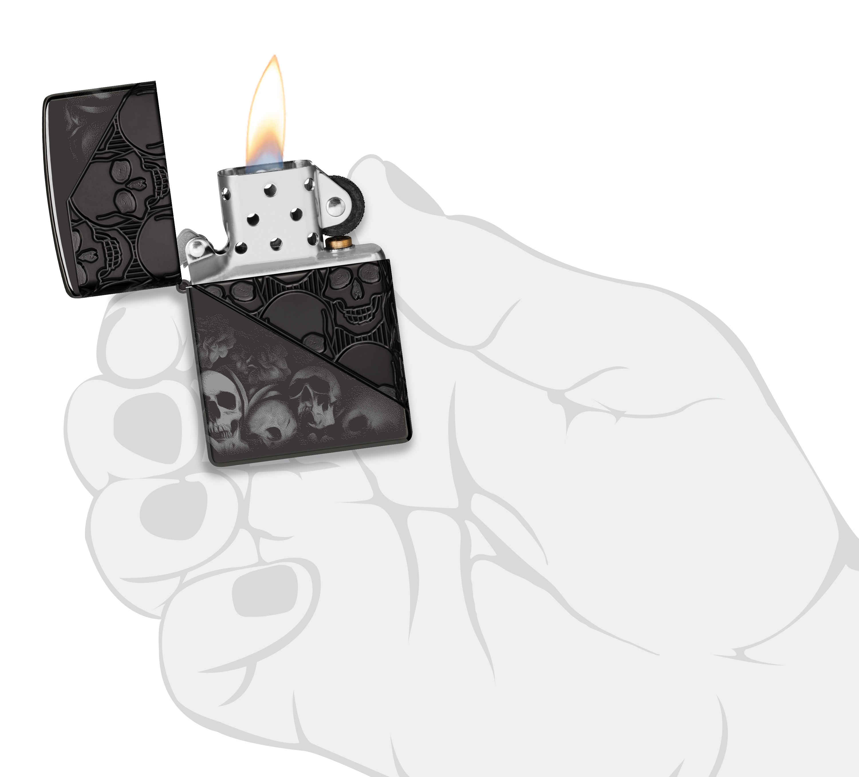Front shot of Zippo Bejeweled Beetle Design High Polish Brass Windproof Lighter standing at a 3/4 angle.