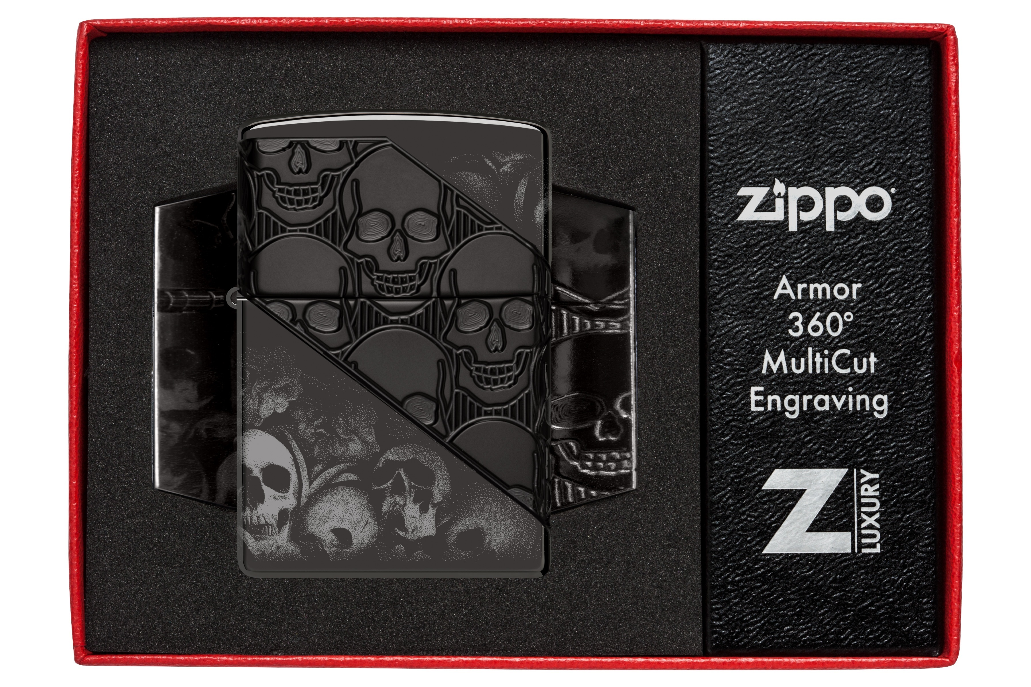 Front shot of Zippo Bejeweled Beetle Design High Polish Brass Windproof Lighter standing at a 3/4 angle.