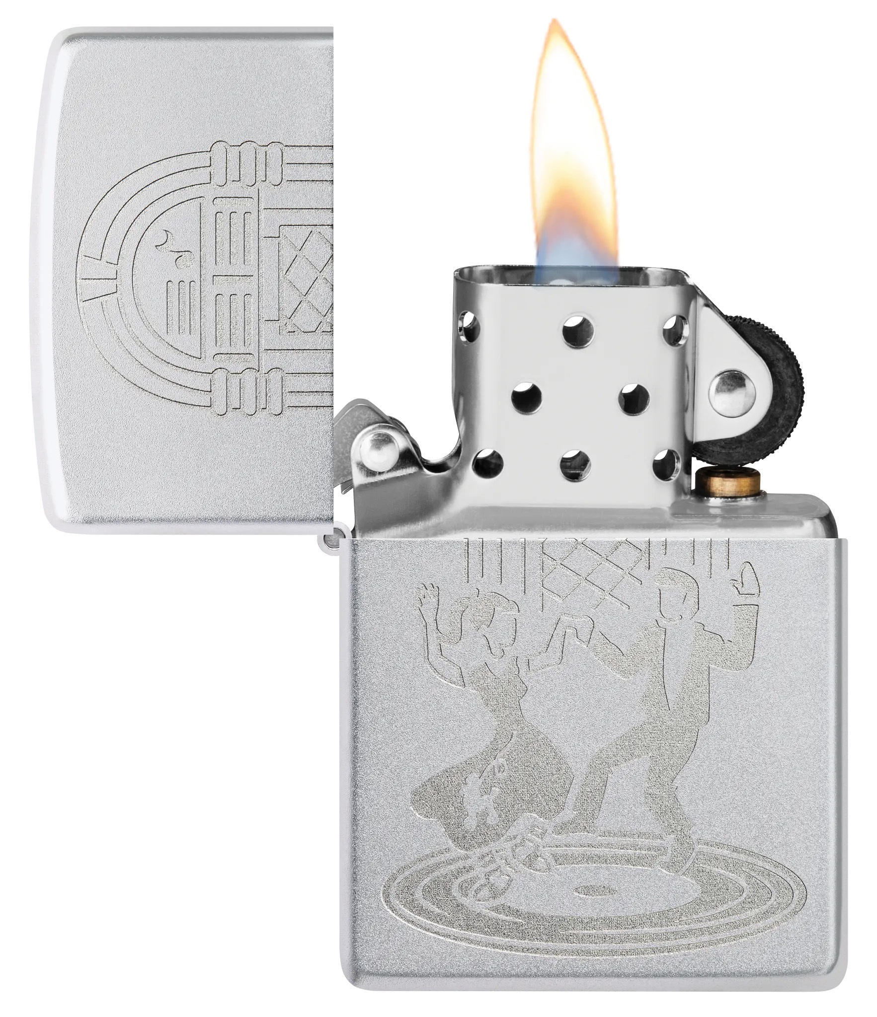 Front shot of Zippo Bejeweled Beetle Design High Polish Brass Windproof Lighter standing at a 3/4 angle.