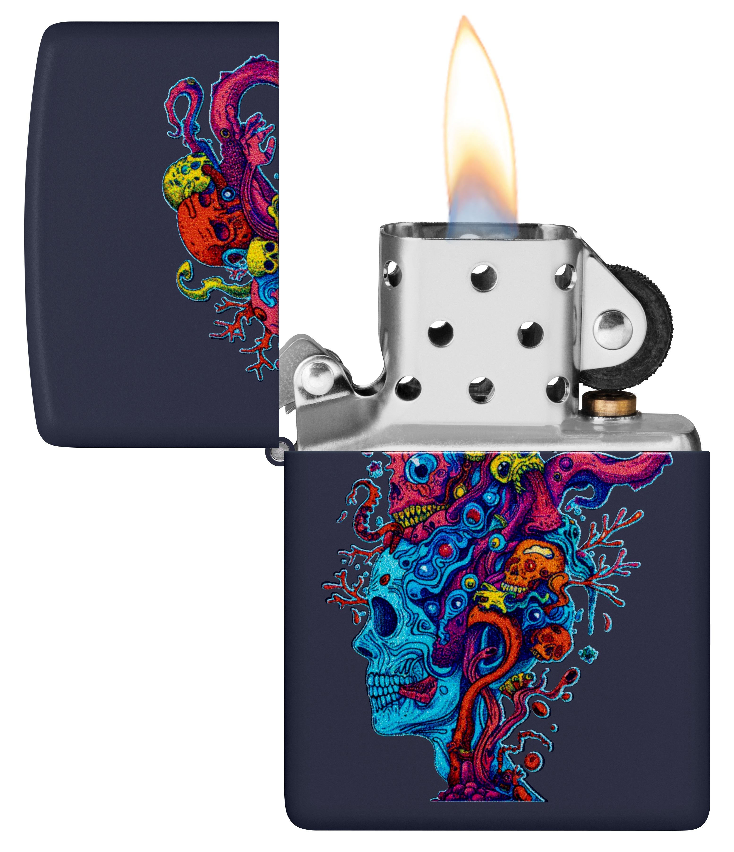Front shot of Zippo Bejeweled Beetle Design High Polish Brass Windproof Lighter standing at a 3/4 angle.