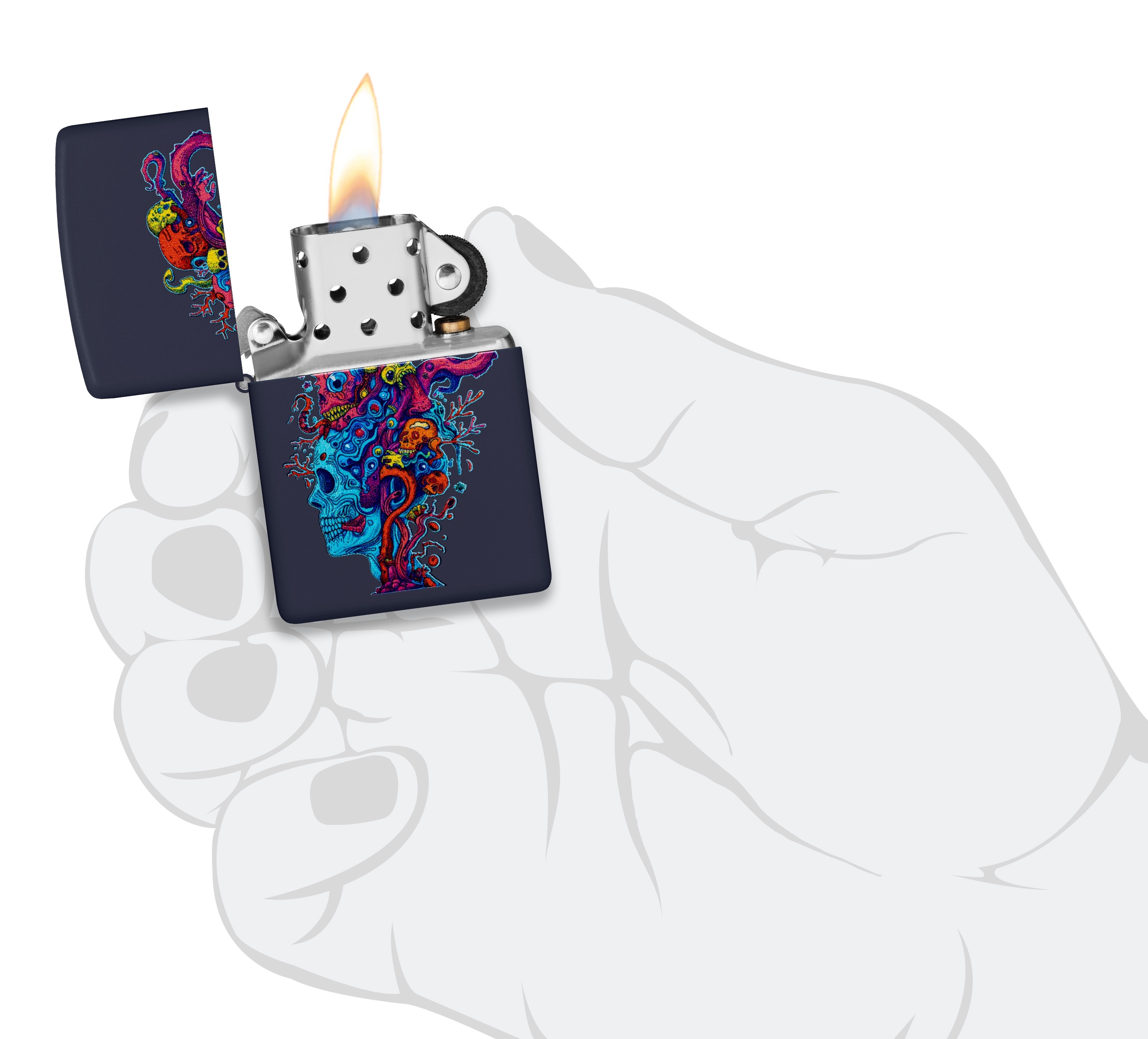 Front shot of Zippo Bejeweled Beetle Design High Polish Brass Windproof Lighter standing at a 3/4 angle.
