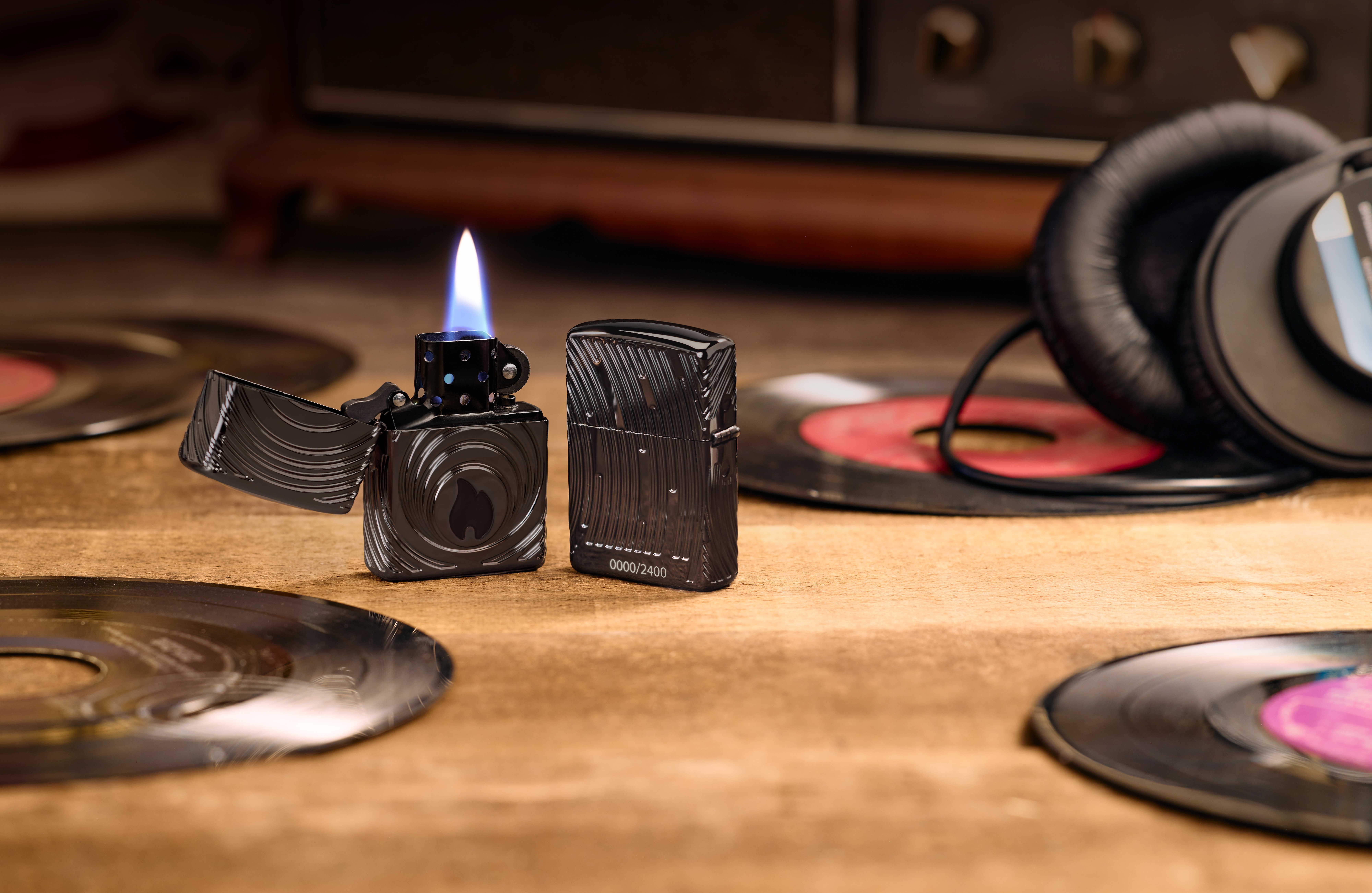 Front shot of Zippo Bejeweled Beetle Design High Polish Brass Windproof Lighter standing at a 3/4 angle.