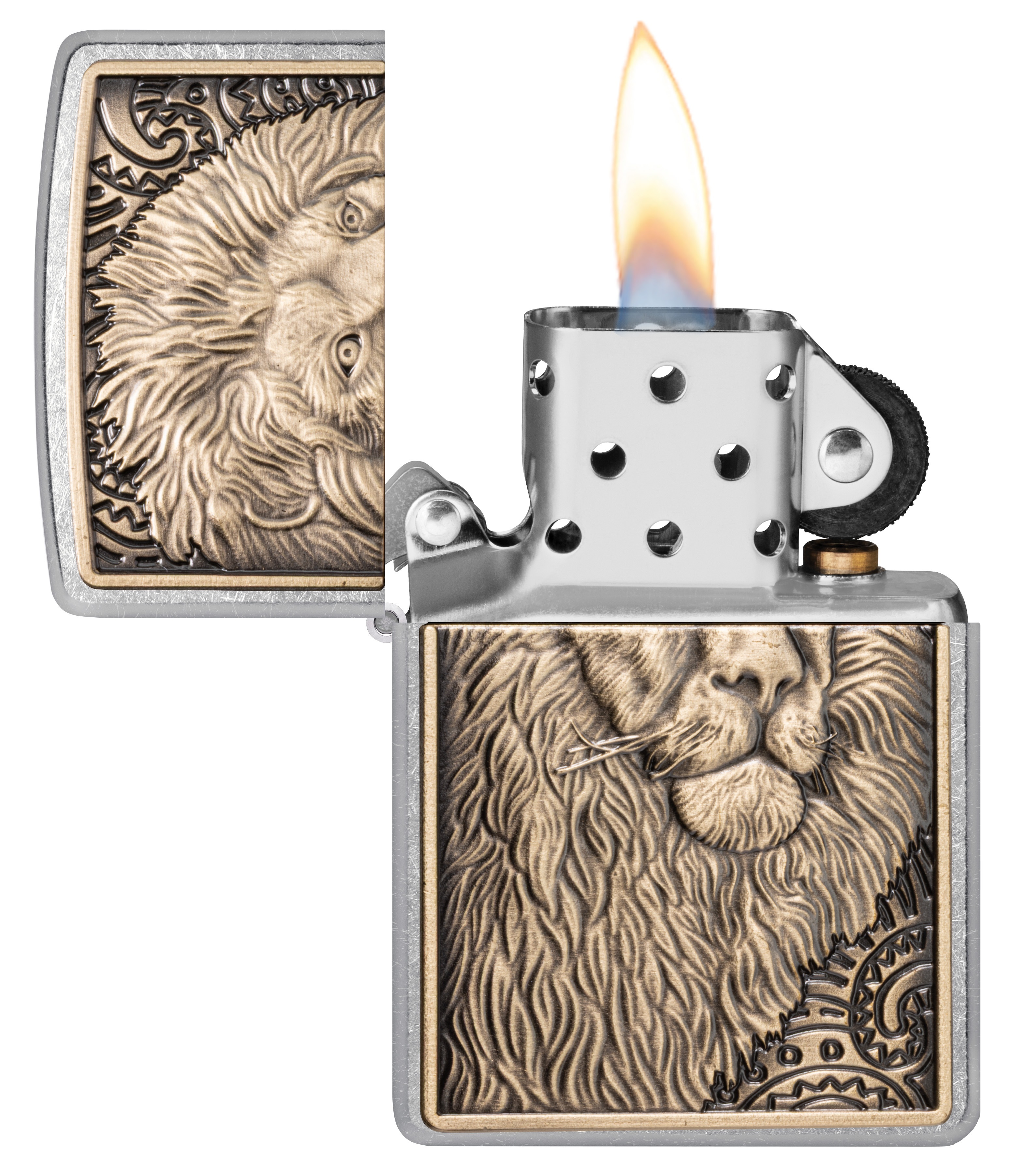 Front shot of Zippo Bejeweled Beetle Design High Polish Brass Windproof Lighter standing at a 3/4 angle.
