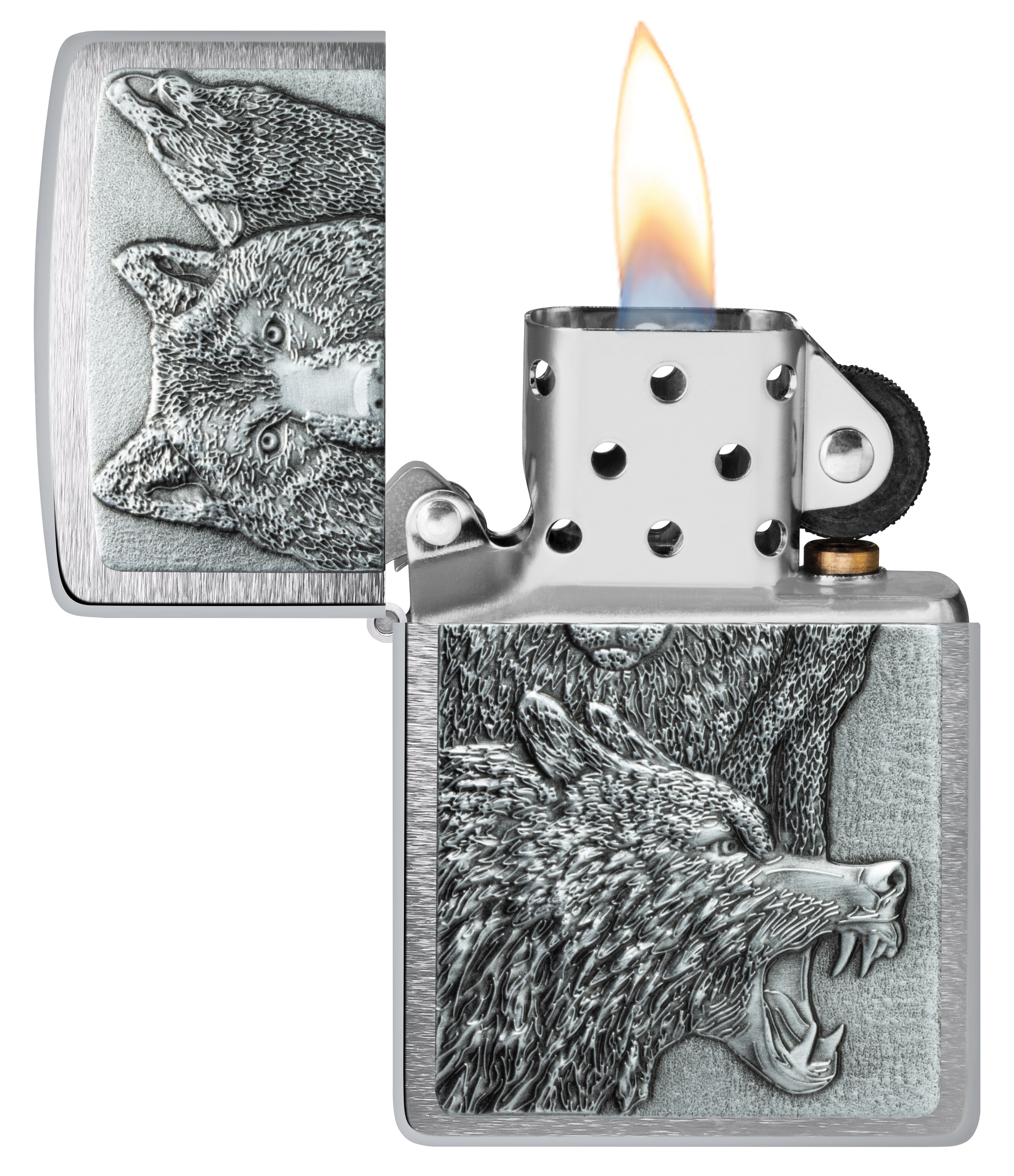 Front shot of Zippo Bejeweled Beetle Design High Polish Brass Windproof Lighter standing at a 3/4 angle.