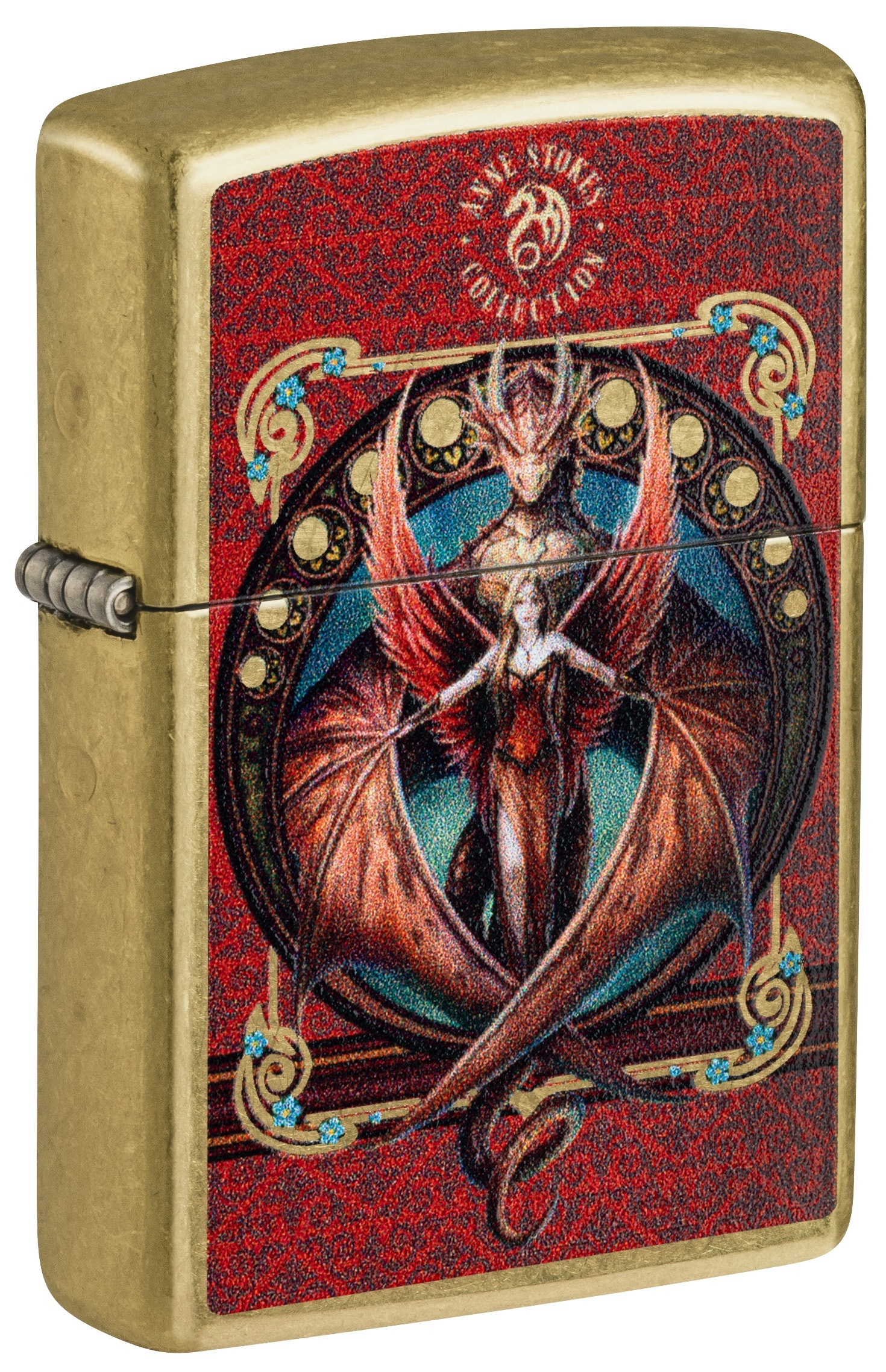 Front shot of Zippo Bejeweled Beetle Design High Polish Brass Windproof Lighter standing at a 3/4 angle.