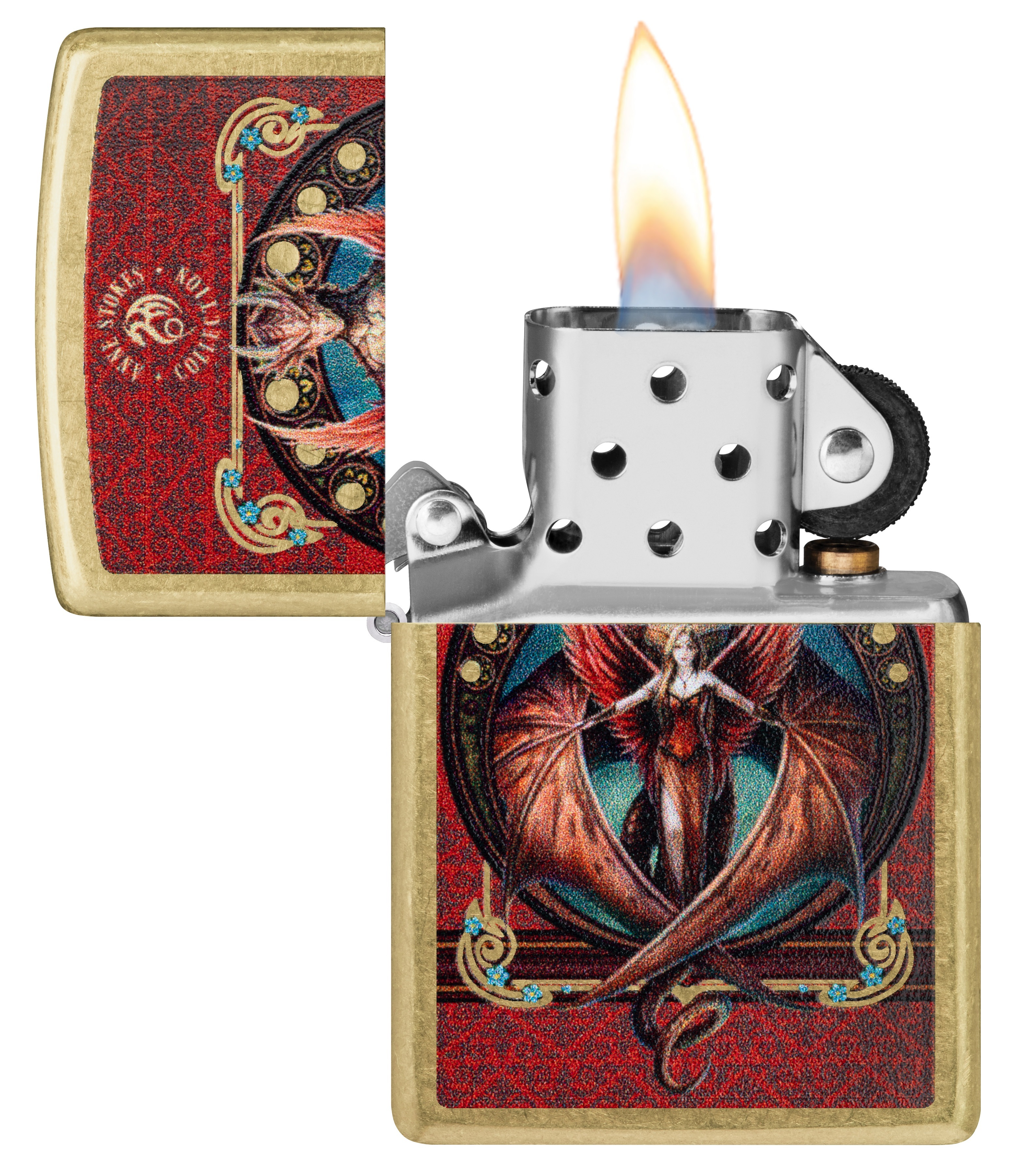 Front shot of Zippo Bejeweled Beetle Design High Polish Brass Windproof Lighter standing at a 3/4 angle.